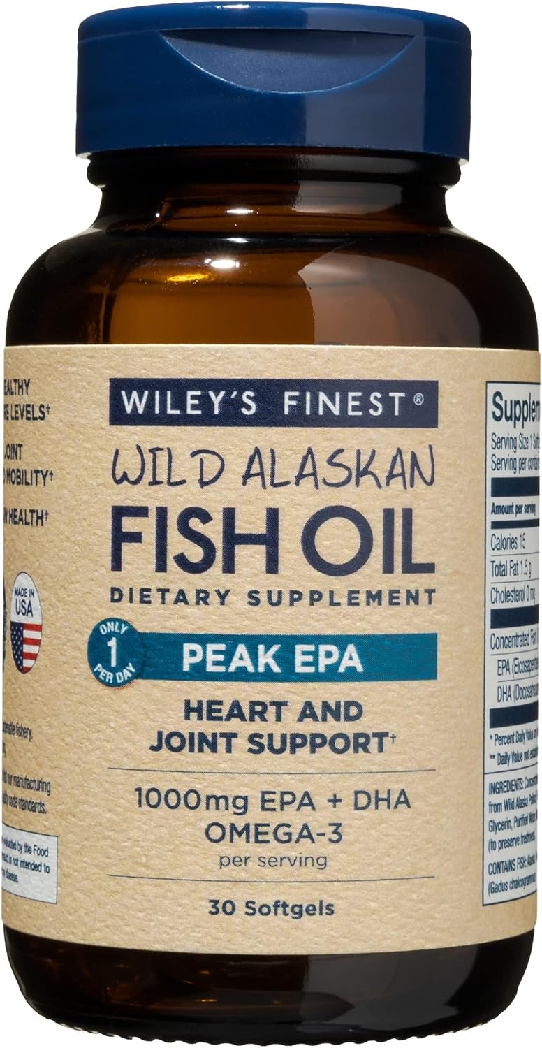 Wiley’s Finest Peak EPA 1000mg EPA + DHA Omega-3 Per Capsule - High Potency Wild Alaskan Fish Oil IFOS Certified Fish Gelatin Capsules 30 Count