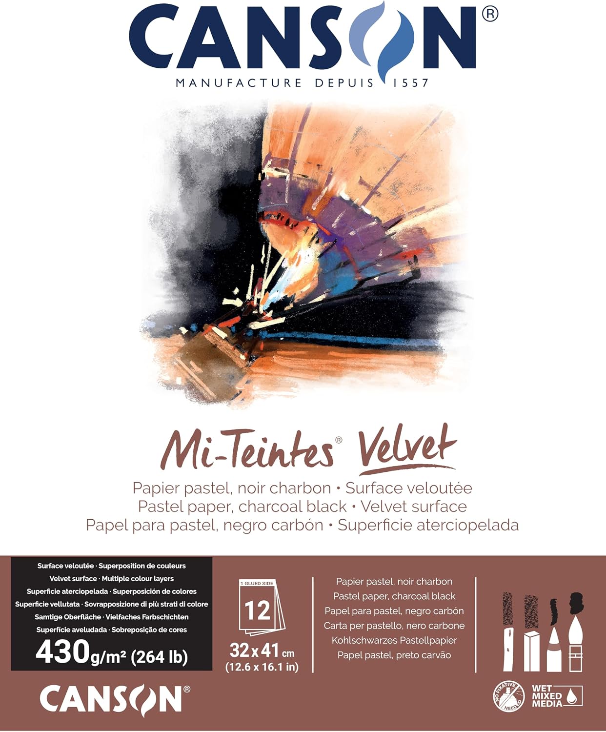 Canson Mi-Teintes Velvet Pastel Paper Pad, Charcoal Black, 12.6x16.1 in
