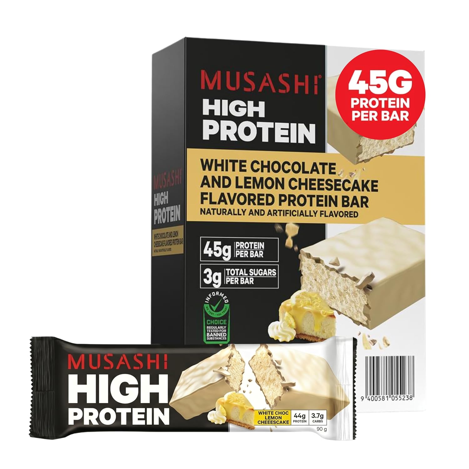 MUSASHI High Protein Bar, 45g Protein, White Chocolate & Lemon Cheesecake