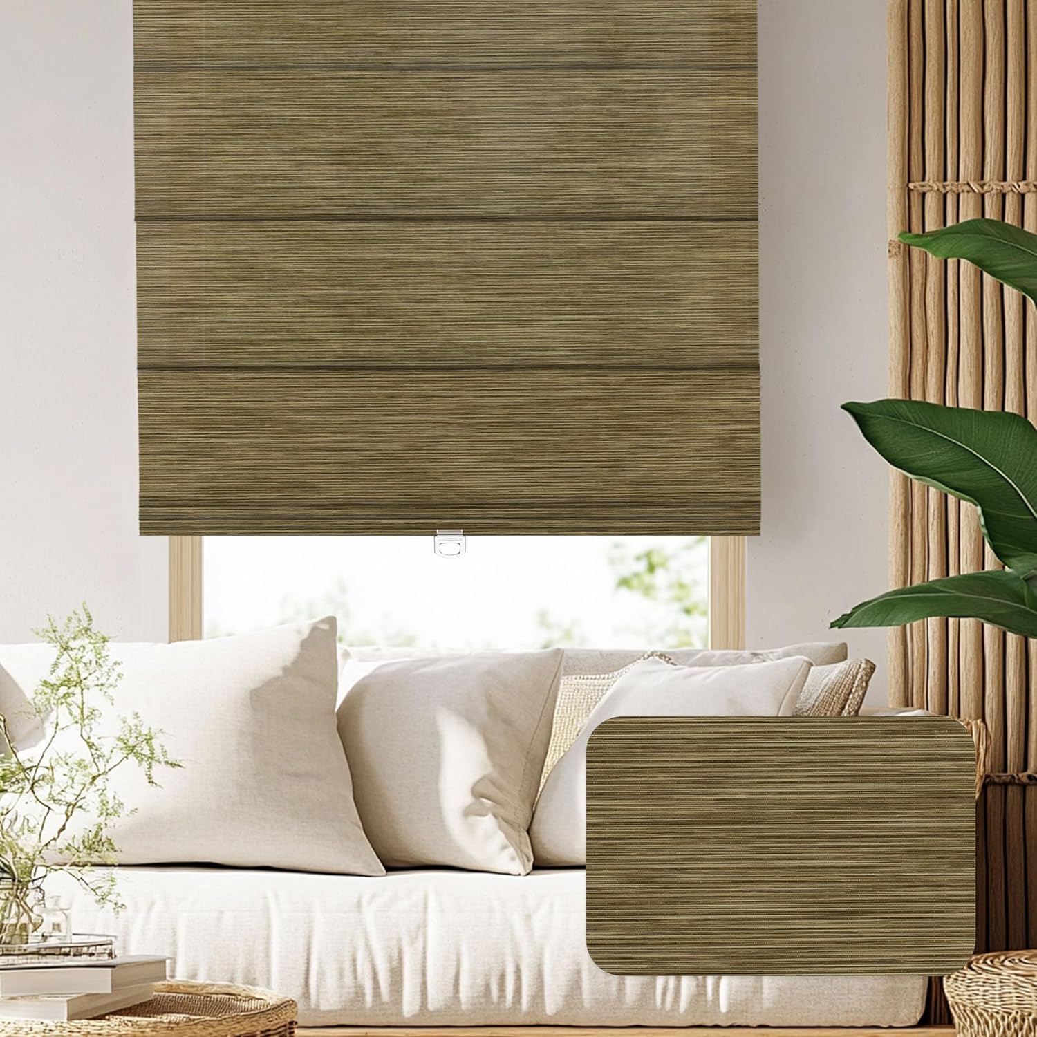 Natural Woven Roman Shades for Windows，Cordless Roman Shades Light Filtering Linen Fabric Blinds for Door,Bedroom,UV Protect,Thermal Insulation,Light Filtering-Brass,Custom Size