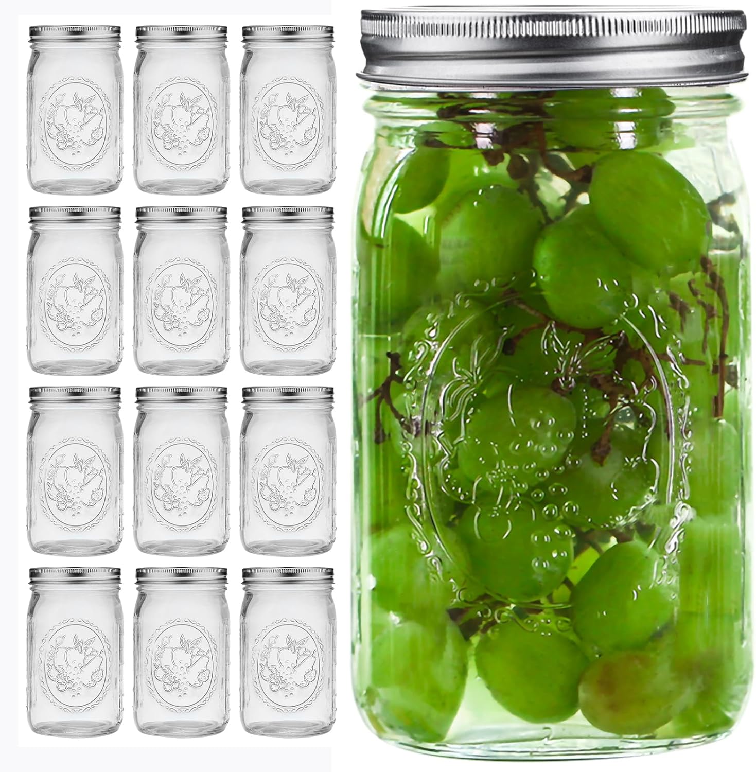 eleganttime 12 Piece Glass Clear Mason Jars | 32 oz | Canning, Fermentation, Preservation | Wide | Airtight Lids, Bands