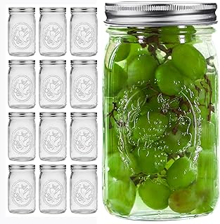 eleganttime 12 Piece Glass Clear Mason Jars | 32 oz | Canning, Fermentation, Preservation | Wide | Airtight Lids, Bands