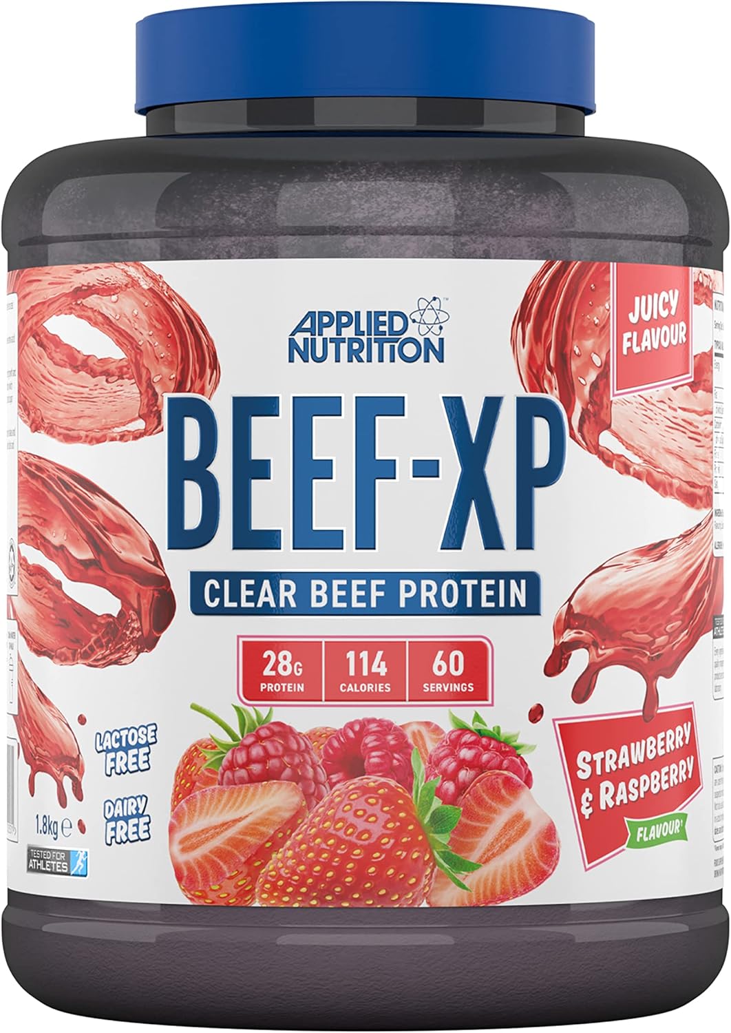 Applied Nutrition Beef XP - Clear Hydrolysed Beef Protein Isolate, Fruit Juice Style, Dairy Free Beef Protein Powder, Lactose Free, Zero Sugar, Low Fat, 1.8kg - 60 Servings (Strawberry & Raspberry)