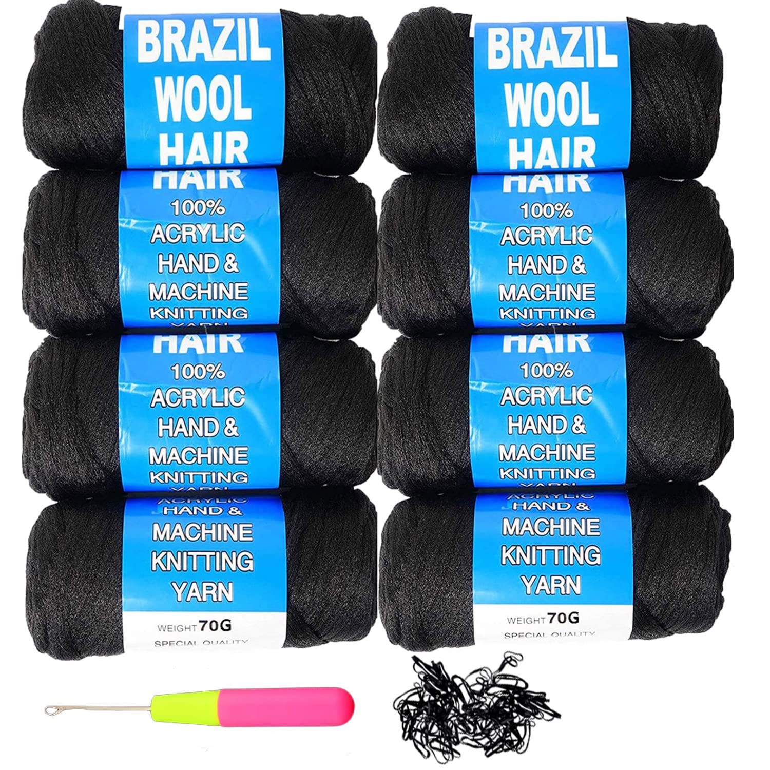 Brazilian Wool Hair Acrylic 100% 8PCS for African Crochet Braid/Box Braids/Jumbo Braiding/Senegalese Twist/Faux Locs/Twist Wraps Synthetic Fiber Hair Extensions Natural Black Color