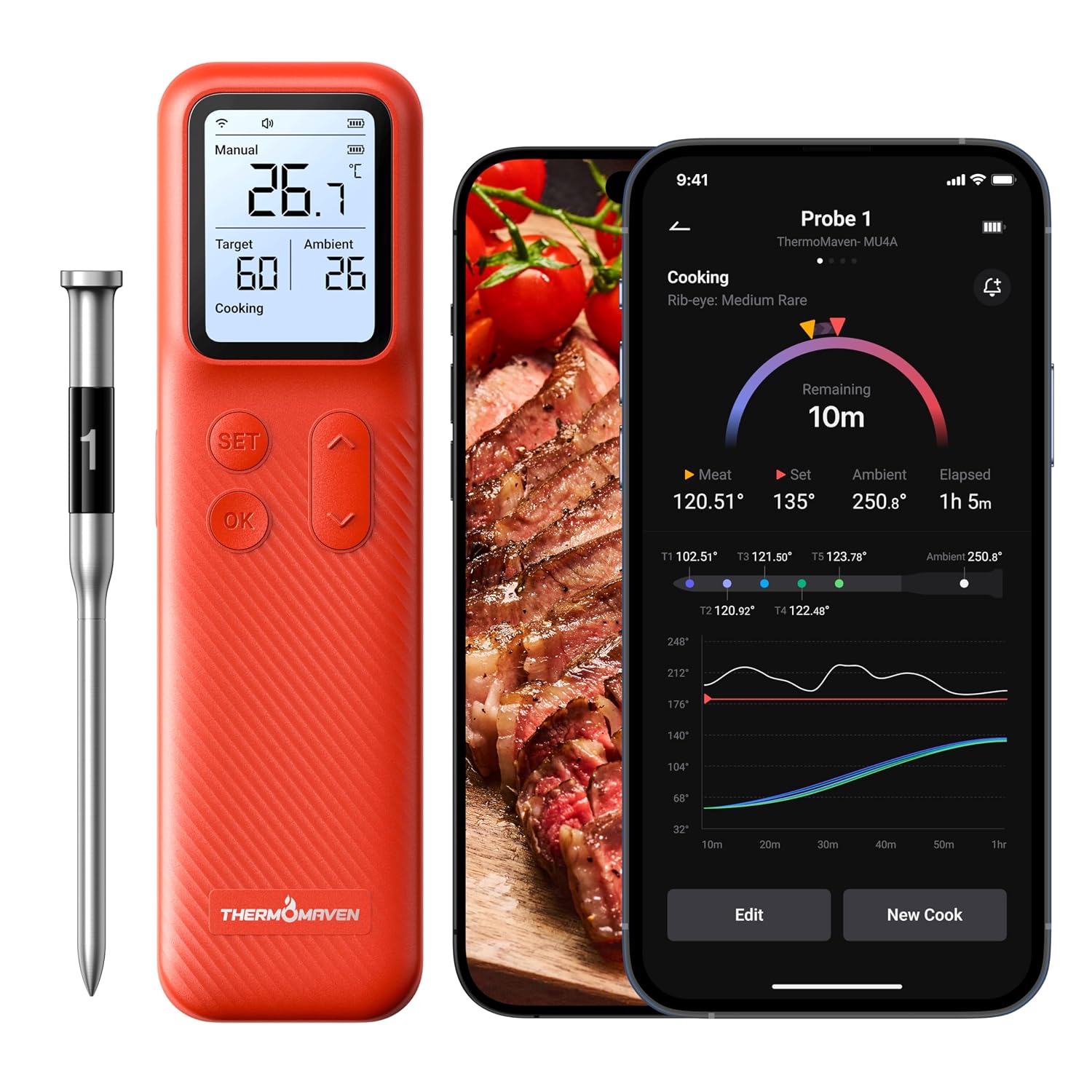 ThermoMaven P1 Wireless Meat Thermometer, WiFi & 152m Bluetooth 5.3, 6 Sensors, ±0.3°C Accuracy, APP & Standalone Base Display, IPX8 Waterproof Temperature Probe for BBQ Grill Oven Smoker Air Fryer