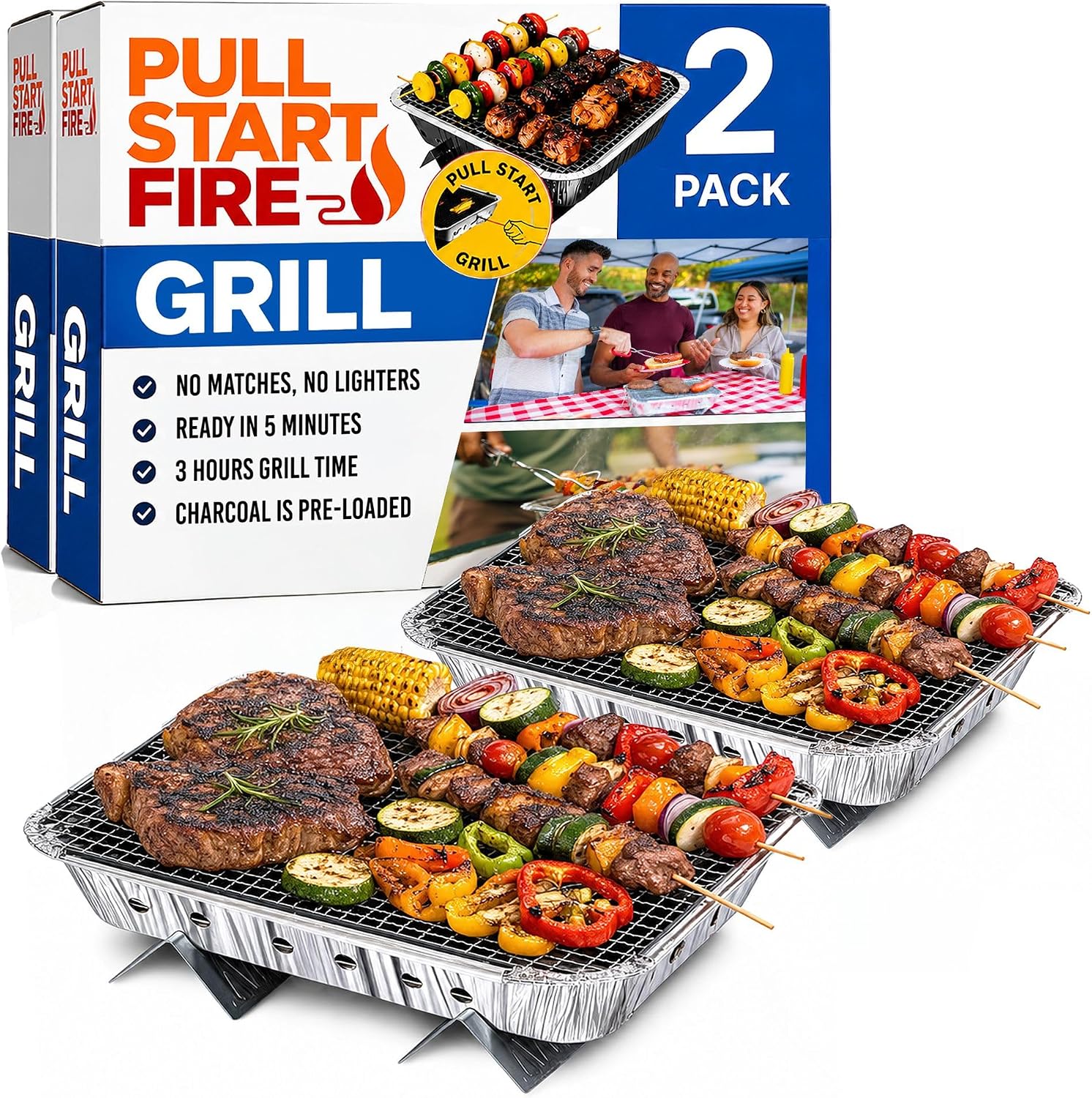 Pull Start Fire Grill, Natural Hardwood Charcoal, Portable 3hr Burn, 2 Pack