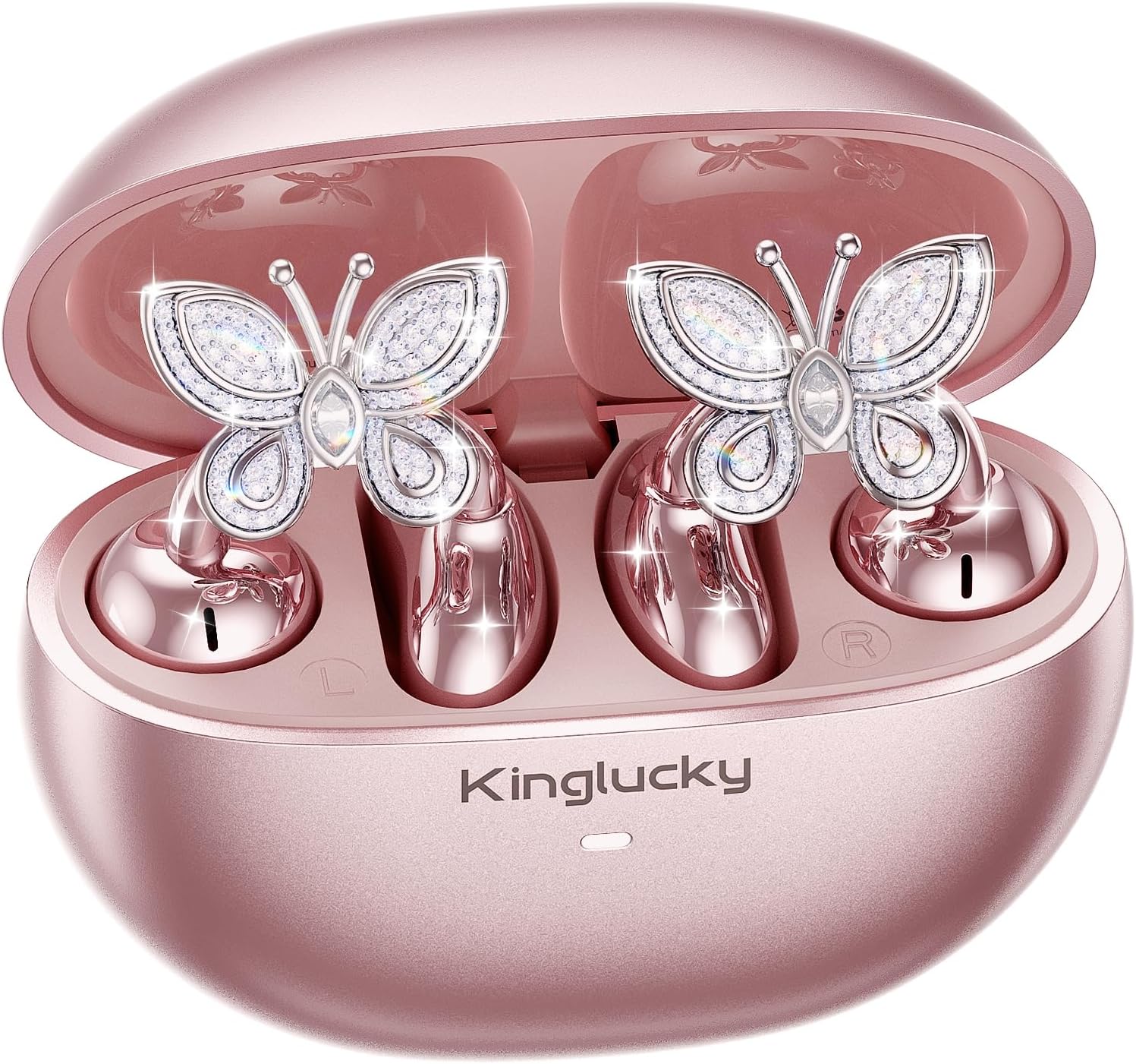Kinglucky Jewelry-Inspired Clip-On Earbuds with Butterfly Earrings, Comfortable Fit & 50H Playtime Open Ear Bluetooth 5.4 Wireless Headphones for Women, Small Ears, Sports & Workouts (Pink)