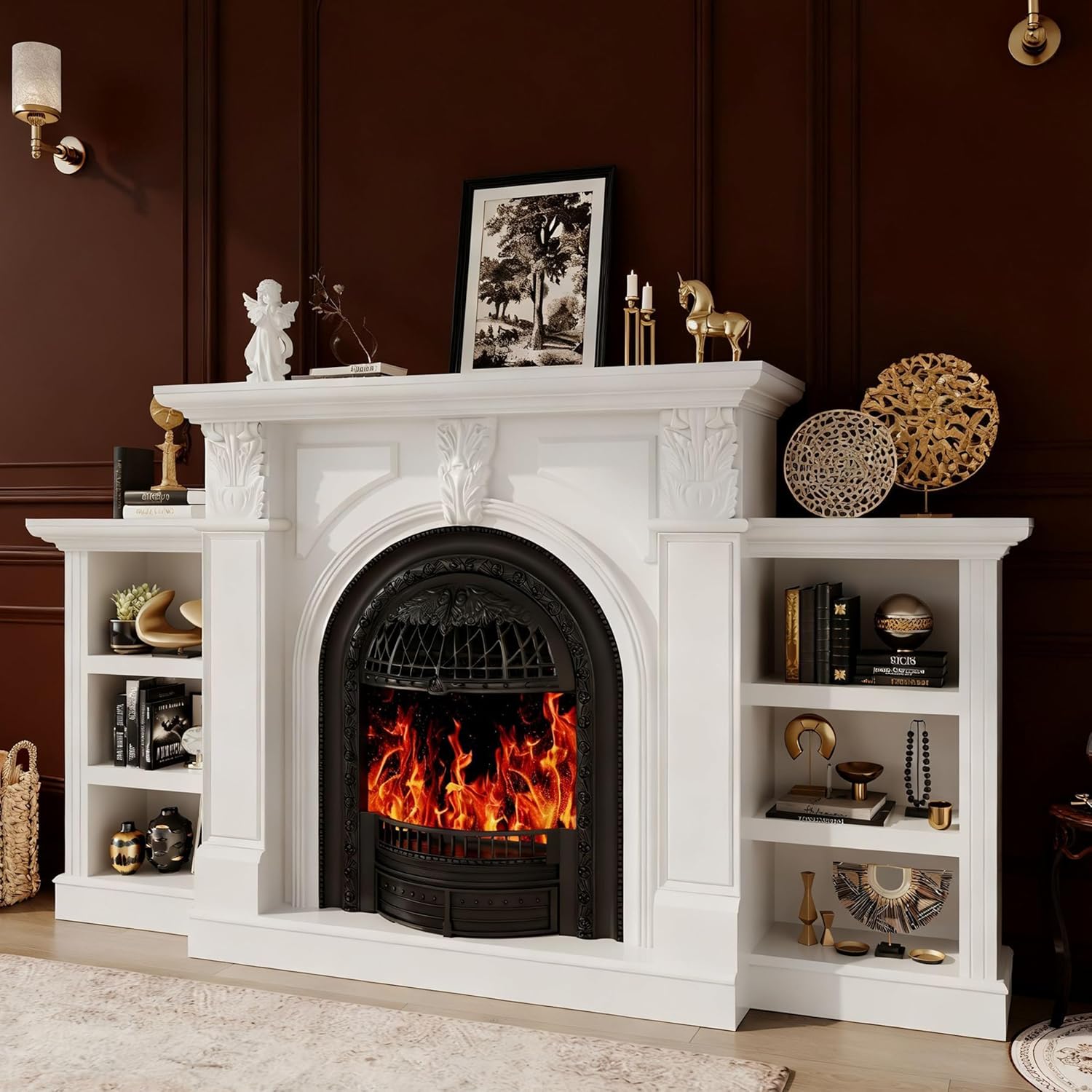 BLANKSPACE80 Electric Fireplace with Mantel, Tv Stand with Black Birdcage Fire Place Heater and Carved Square Column Design Design for Living Room, Bedroom