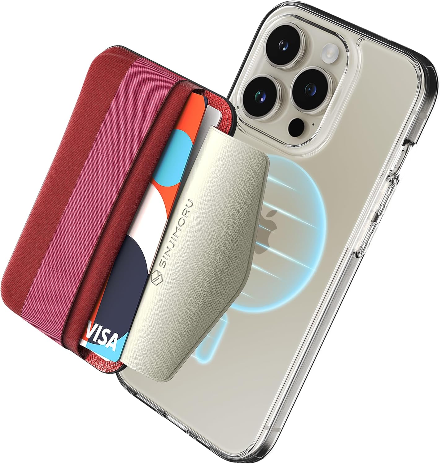 Sinjimoru Soft Wool Band Grip Phone Wallet for MagSafe, Magnetic Phone Card Holder for Back of Cell Phone Case with Hand Finger Holder Compatible with iPhone 14 13 12 Series. M-Band Red