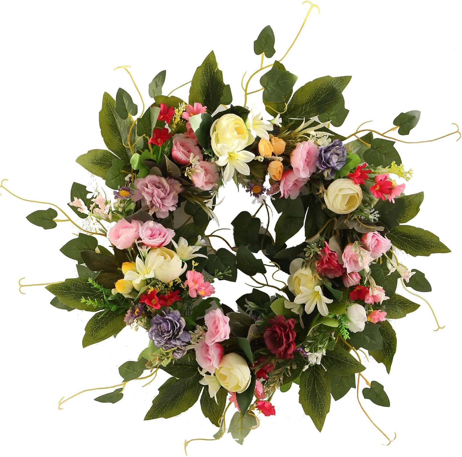 Artificial Camellia Wreath with Green Leaves,Four Seasons Front Door Wreath Brightens for Indoor Outdoor,Flowers Floral Door Wreath for Wedding Birthday Living Room Decor