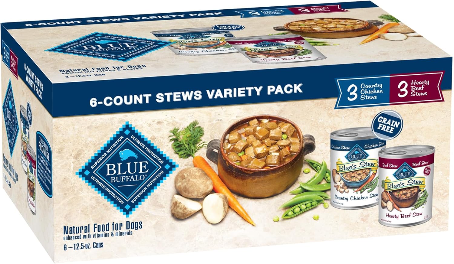 Blue Buffalo Blue's Stew Natural Wet Dog Food, Made with Natural Ingredients, Hearty Beef and Country Chicken Variety Pack, 12.5-oz. Cans, 6 Count