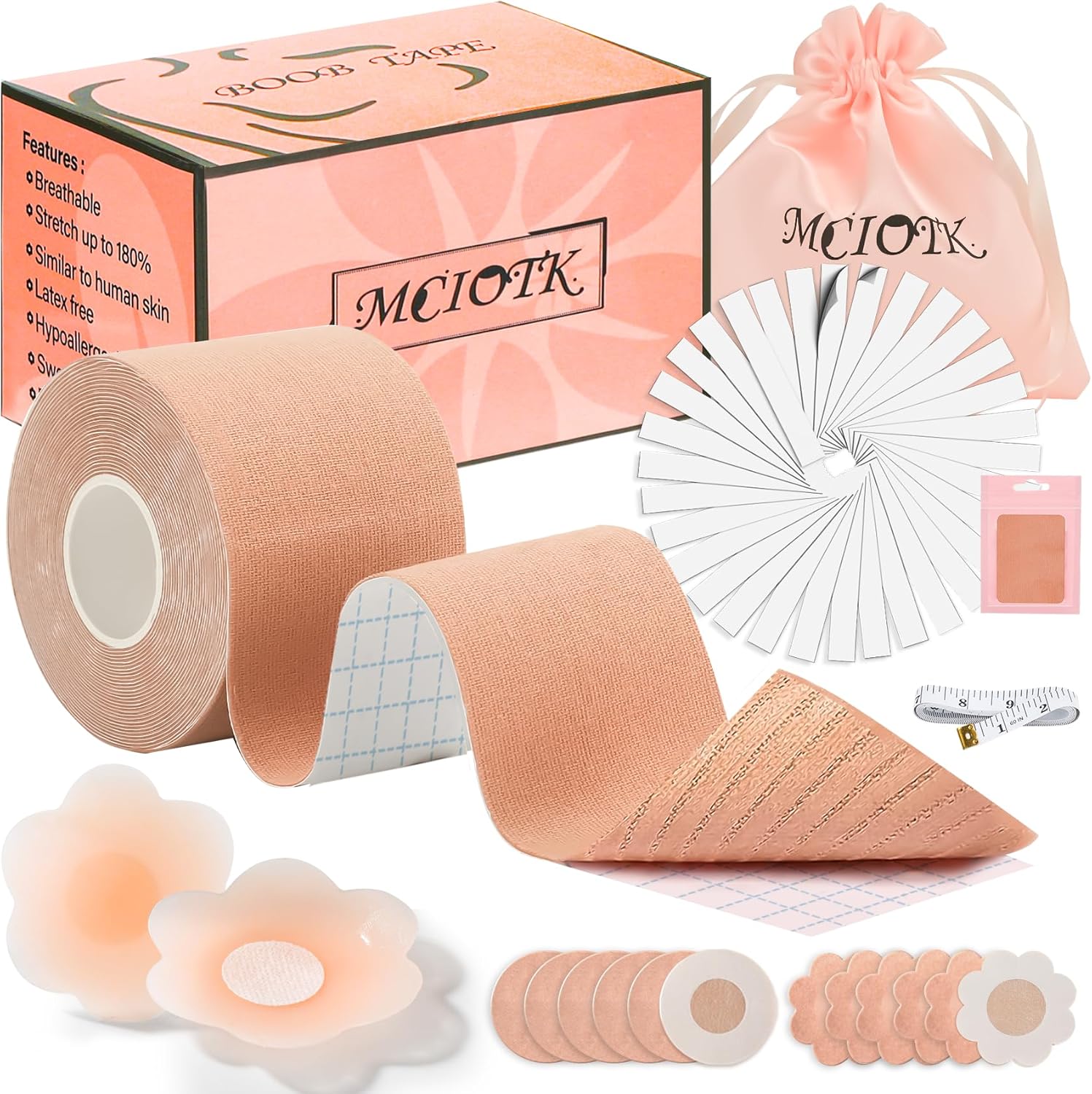 Boob Tape Kit - 2 Pcs Nipple Covers | Boobytape for Large Breast Lift w Body Tape | Invisible Boobtape for A-G Cup