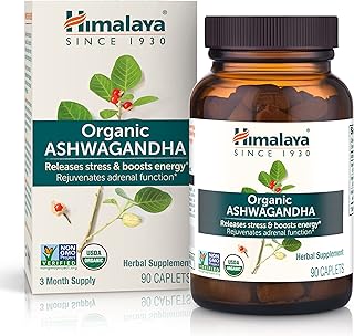 Himalaya Organic Ashwagandha, 90 Day Supply, Herbal Supplement for Stress Relief, Energy Support, Occasional Sleeplessness, USDA Certified Organic, Non-GMO, Vegan, Gluten Free, 670 mg, 90 Caplets
