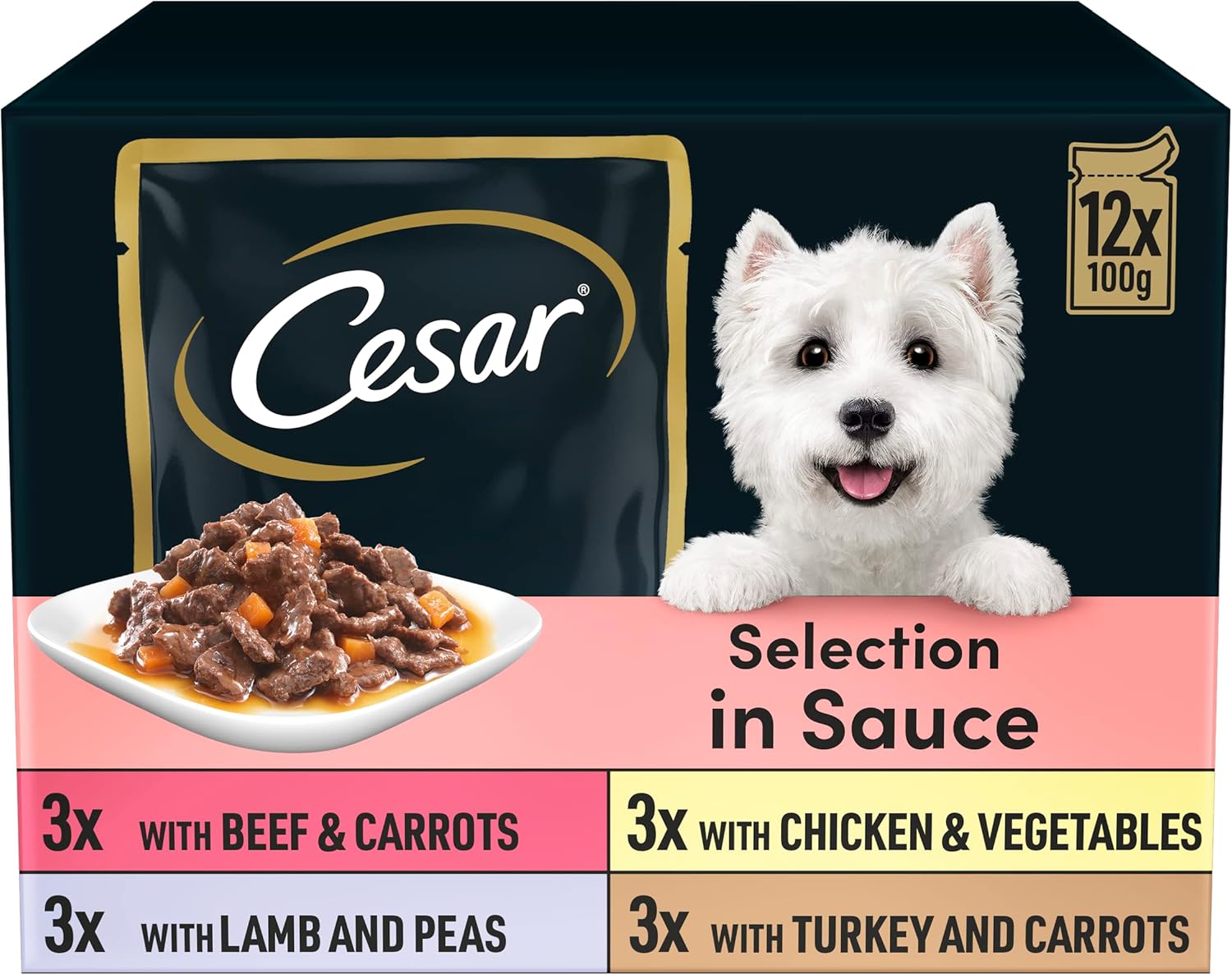 CESAR Pouch Selection in Sauce, Fresh Adult Wet Dog Food Pouches in Delicious Sauce with Succulent Meats and Vegetables, 48 x 100 g