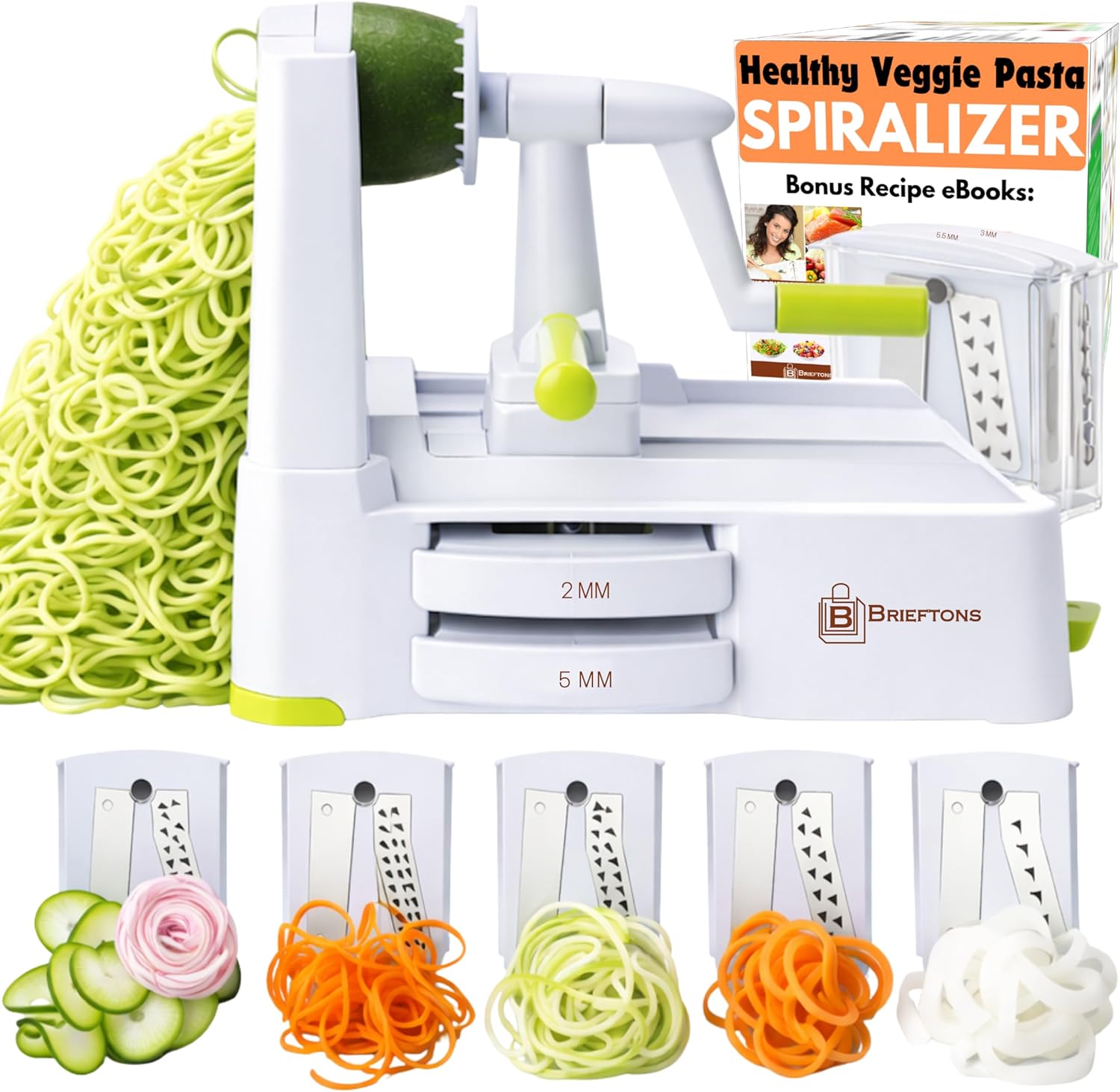 Brieftons 5-Blade Vegetable Spiralizer: Best Zucchini Spiral Slicer & Veggie Noodle Maker, Japanese Steel Blades, Strong Suction Cup, Blade Caddy, 4 Recipe eBooks | Low Carb, Vegan, Paleo, Gluten-Free