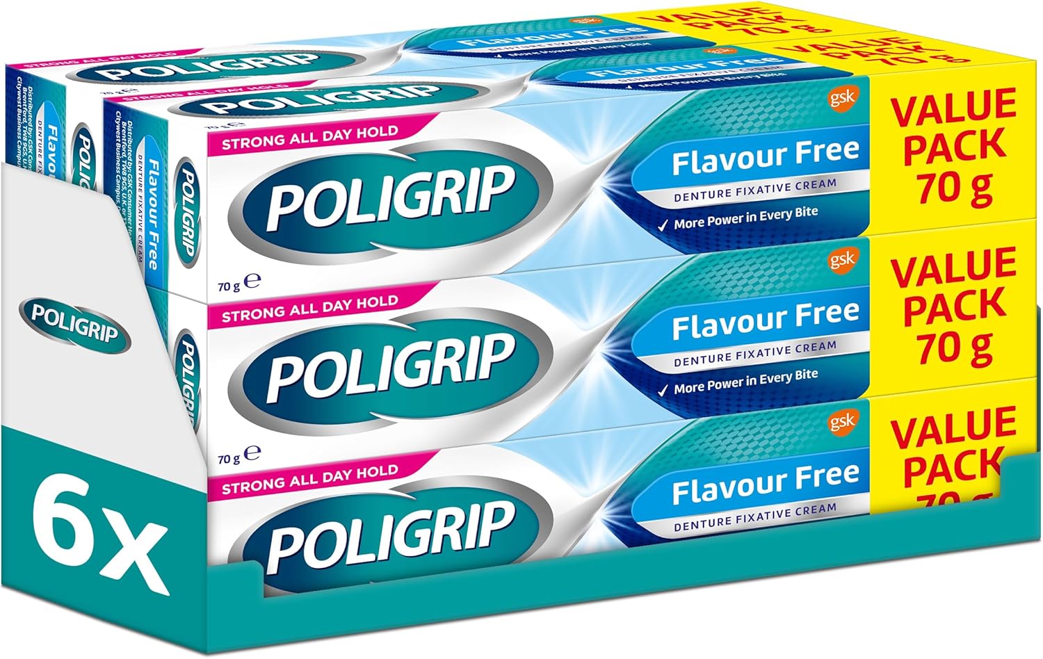 Poligrip Denture Adhesive, Fixative Cream to Secure Dentures, False Teeth & Partials, Flavour Free, 70g