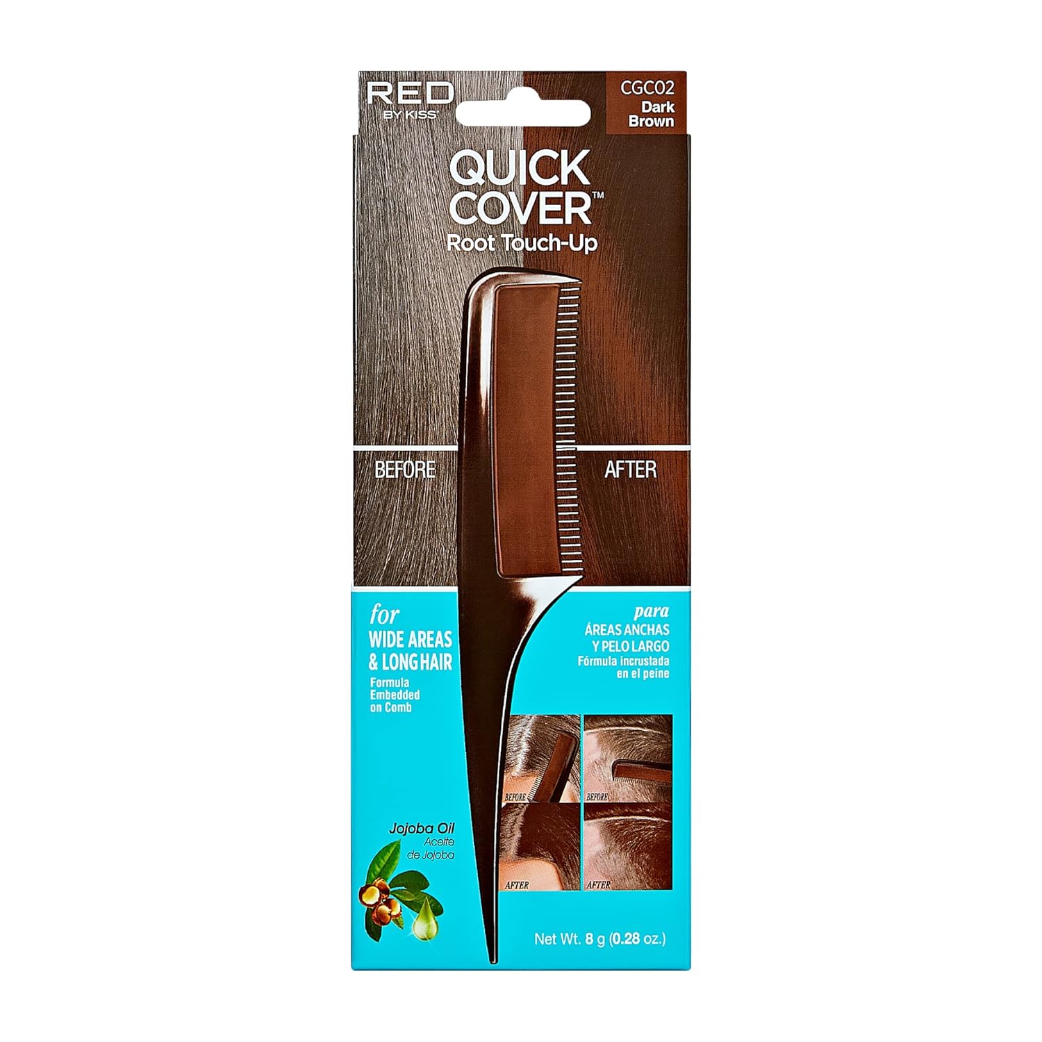 RED by Kiss Quick Cover Root Touch Up Comb Type Water-Resistant Temporary Gray Concealer Cover Up Brush for Hair and Beard (Brown)