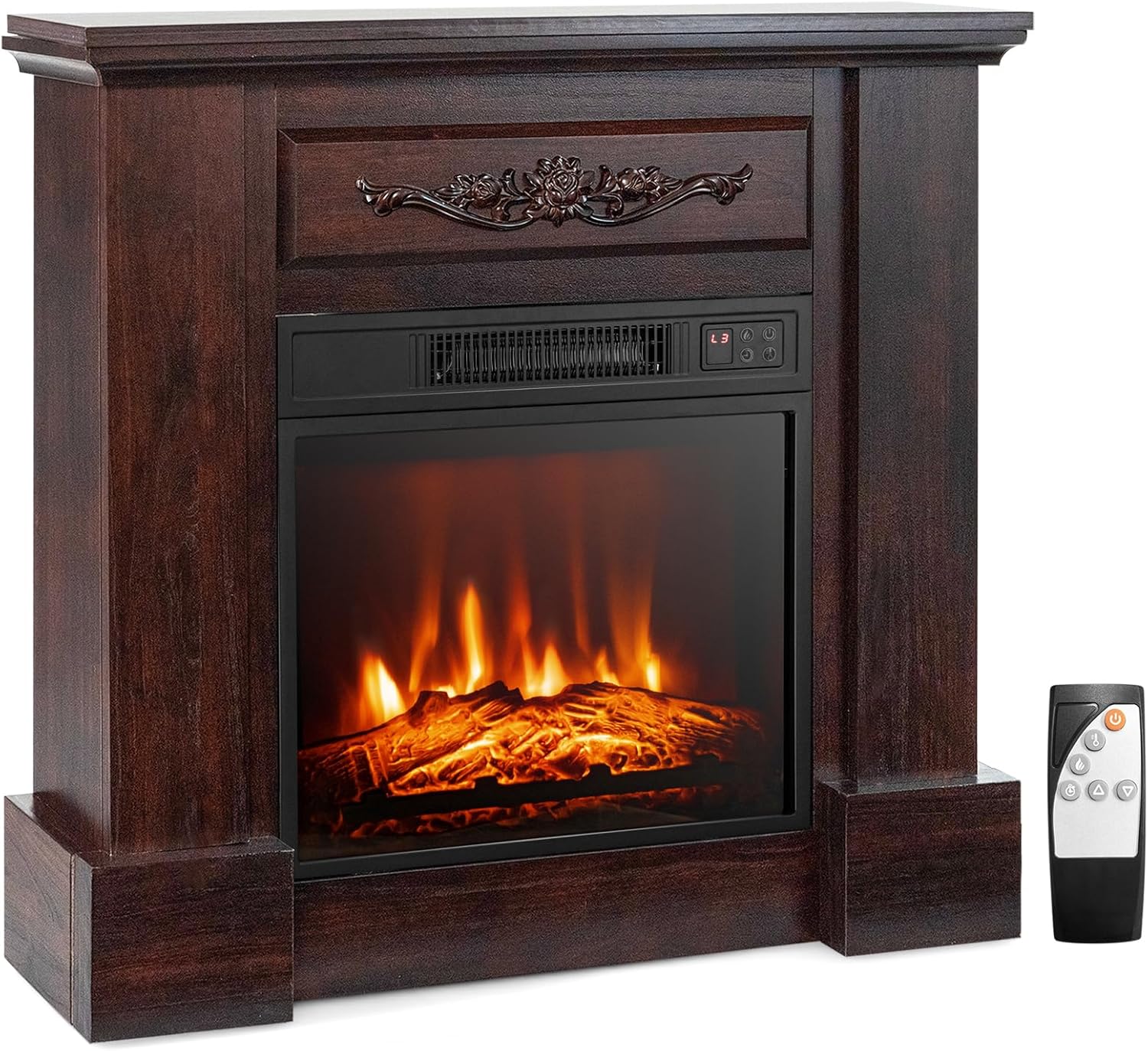 Tangkula 1400W 32 Inches Electric Fireplace with Mantel, Freestanding Fireplace Heater with 3D Flame Effect, Remote Control, Thermostat, 6H Timer, Overheat Protection (Brown)