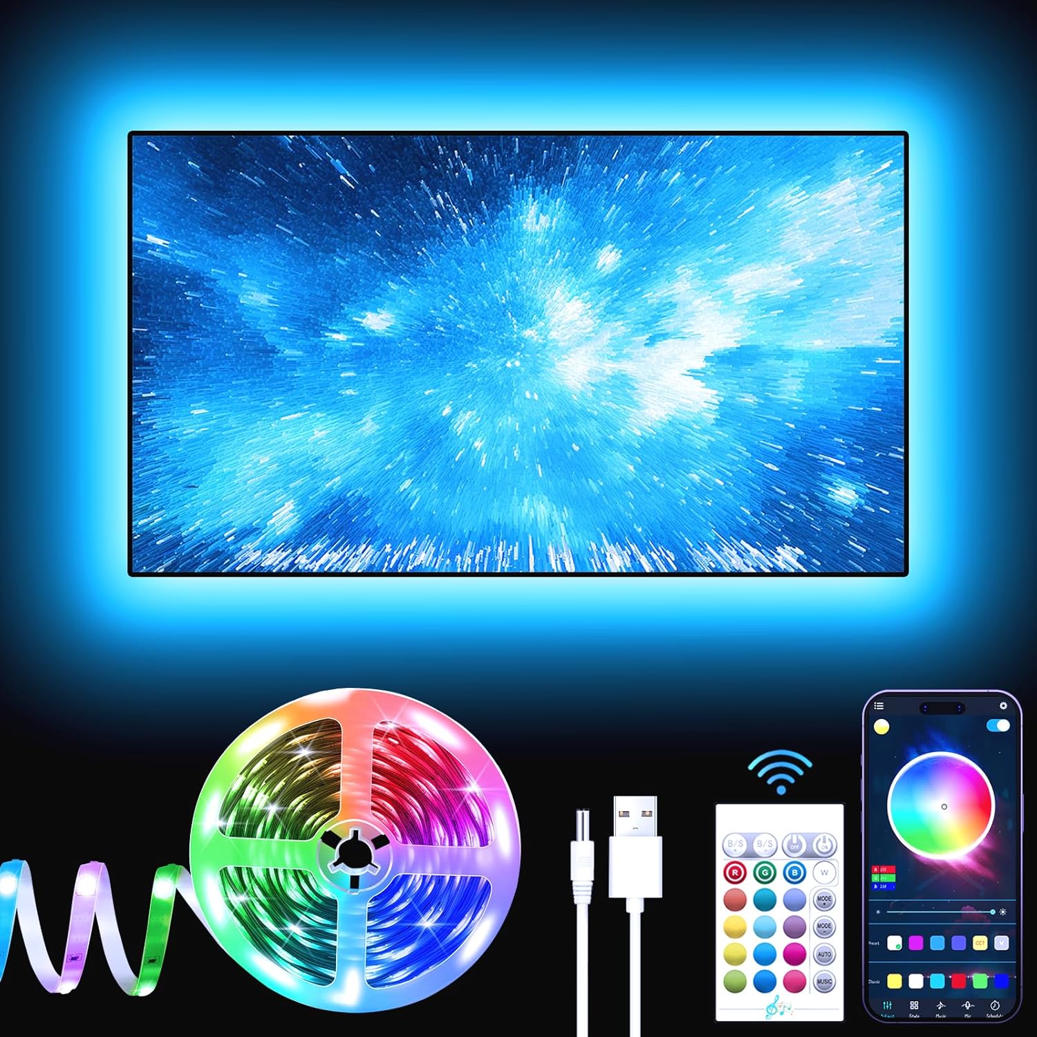GIPOYENT TV LED Lights, 13.1ft RGB Color Changing Light Strip for 40-65 Inch Home Theater with Bluetooth Function