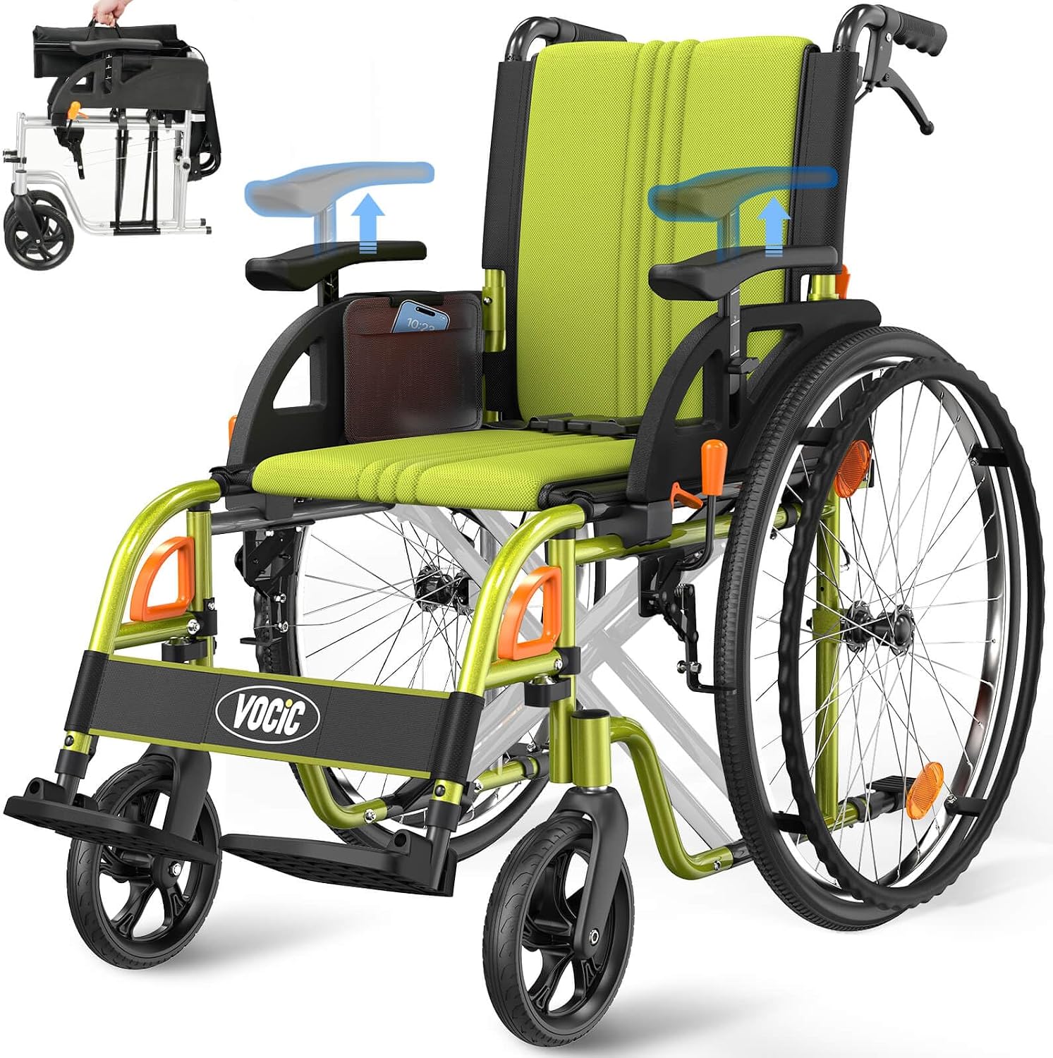VOCIC Ultra Lightweight Foldable Wheelchair for Adults 23lb Frame Green Portable Self-Propelled Wheelchairs for Seniors with Quick Release Wheels, Swing-Away Footrests,Flip-Back Arm, 300 lbs