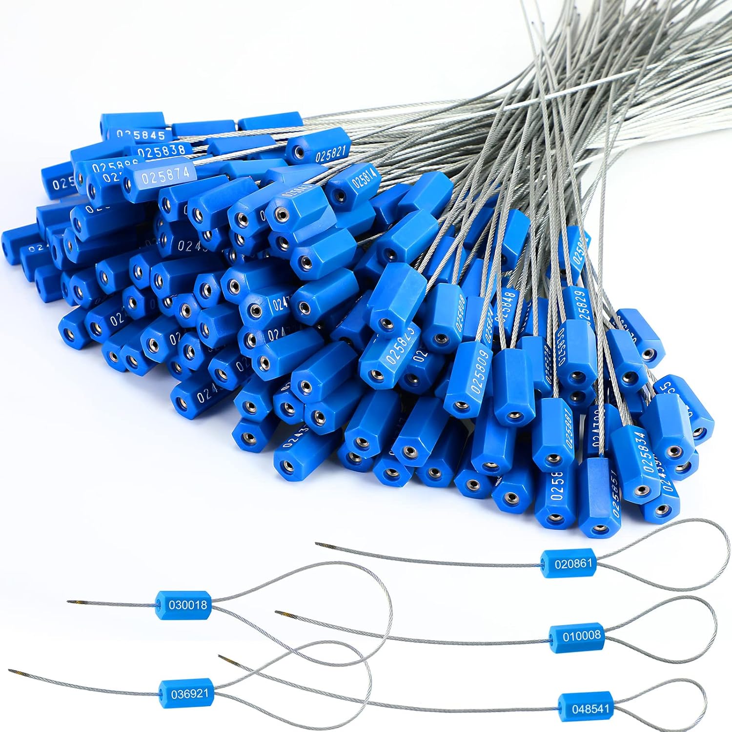 Nuogo 200 Pcs Steel Security Cable Seals 11.8 Inch Metal Numbered Anti-Tamper Shipping Seal Disposable Self Locking Numbered Tags for Container Trailers Cargo Trailer Truck(Blue)