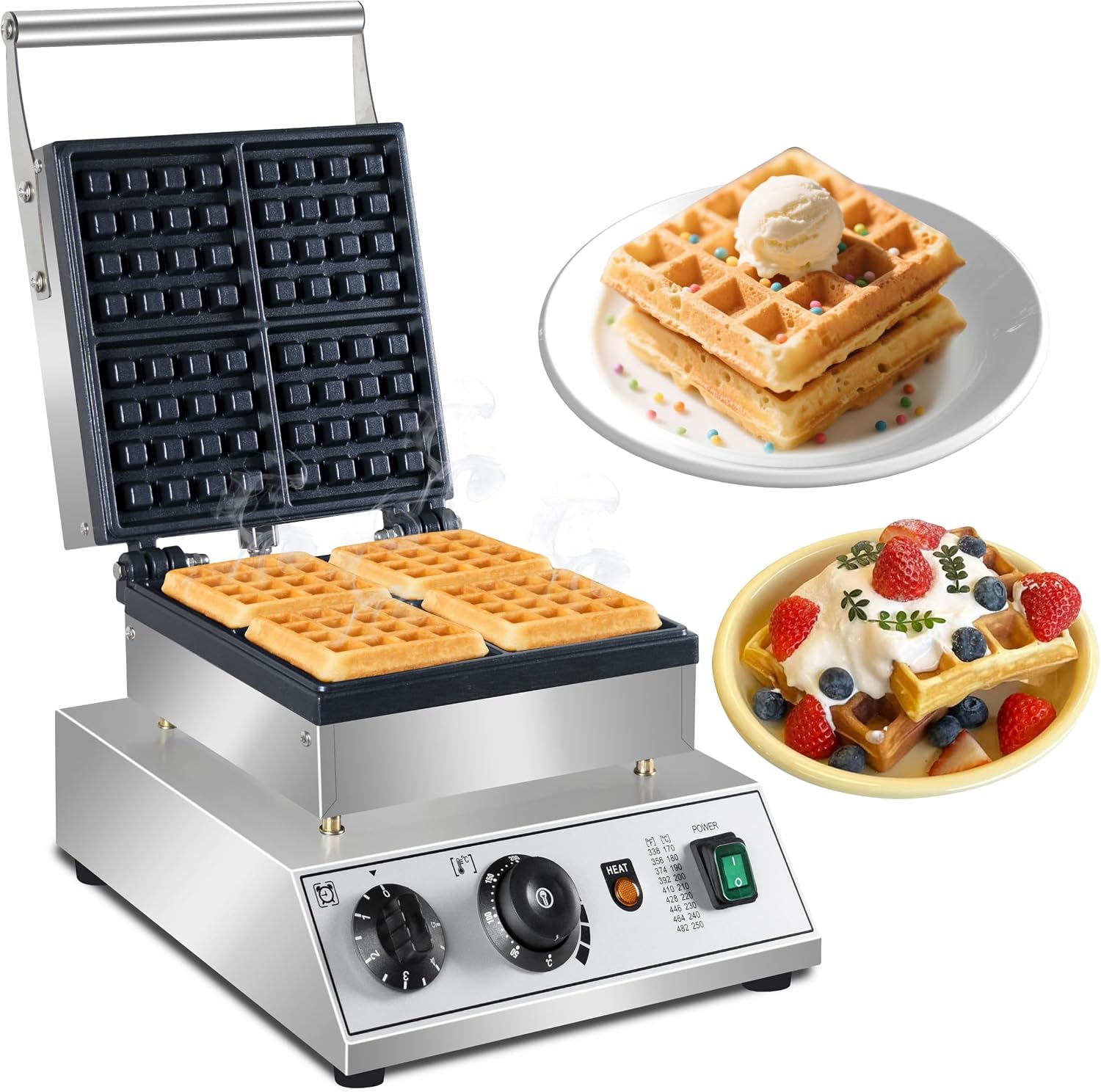 1600W Commercial 4-Slice Square Belgian Waffle Maker
