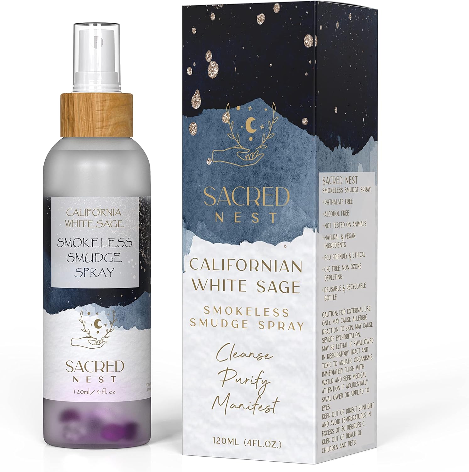 Sacred Nest California White Sage Spray With Crystals 120ml/4oz | Smudge to Cleanse Negative Energy | Natural Room Alternative to Incense Sticks | Moon Charged Mist & Crystals
