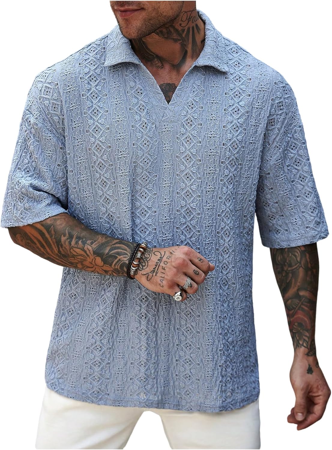 GORGLITTER Men's Hawaii Shirts Geo Eyelet Embroidery Collar V Neck Short Sleeve Loose Summer Golf Shirts