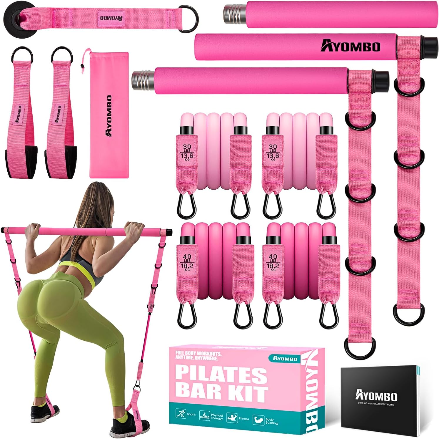 Ayombo Pilates Equipment, Pilates Bar Kit with Resistance Bands for Women, Home Workout Equipment for Legs, Hip, Waist, Arm, Squats Exercise Equipment for Home, Adjustable 3-Section Pilates Bar Kit