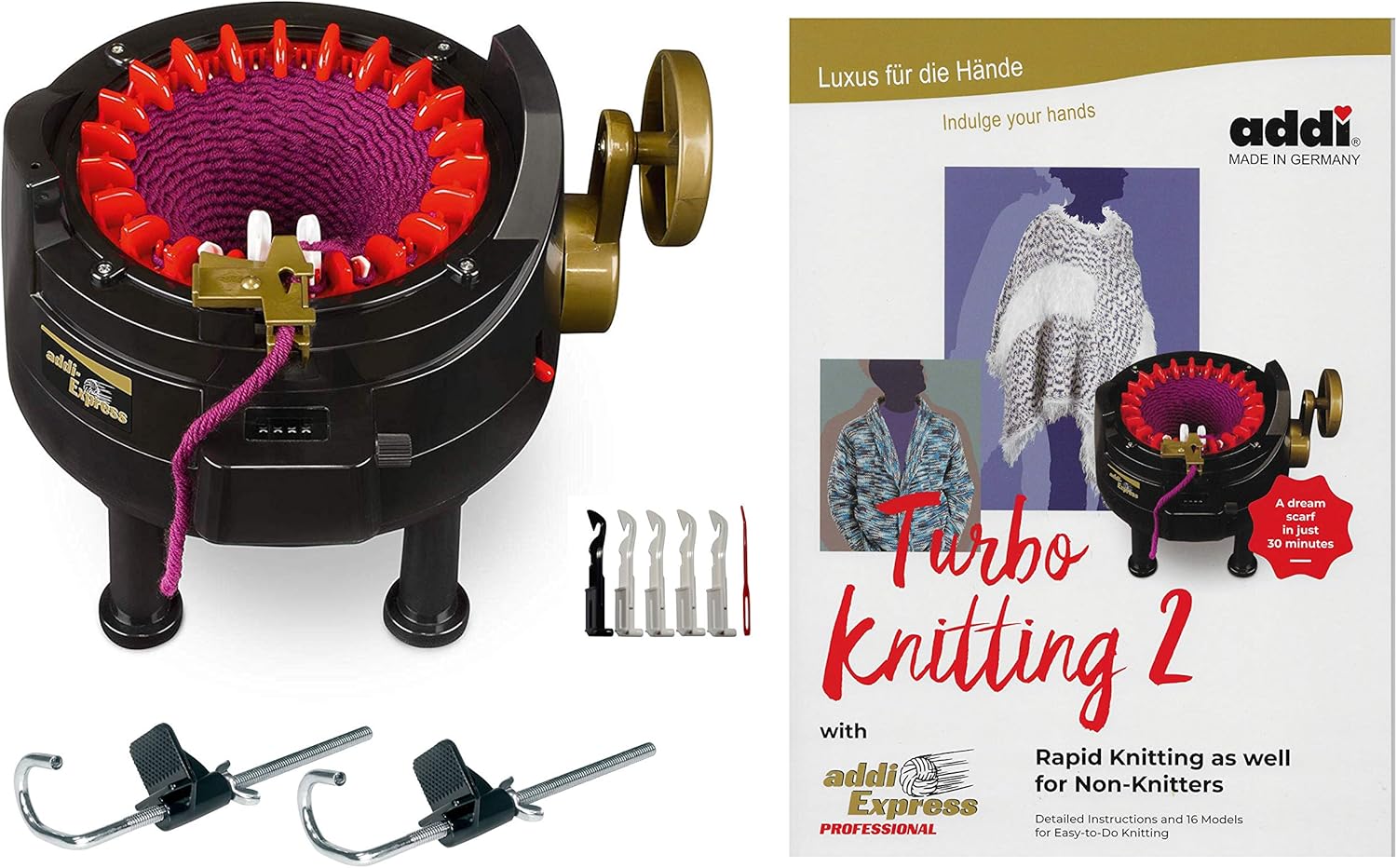 New Improved Version Of addi Express Professional Knitting Machine Extended Edition With Improved Row Counter, Pattern Book, Express Hook, Replacement Needles and 2 Stopper