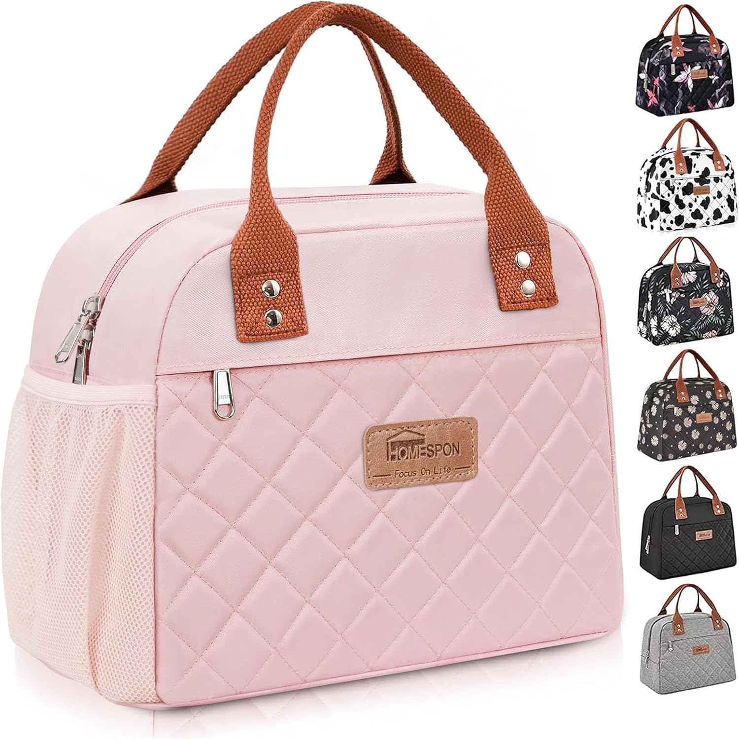 HOMESPON Insulated Lunch Bag for Women Adult Work Ladies Men Cool Bag Lunch Box Container Tote Bags for School Picnic or Travel(Pink Side Pocket)