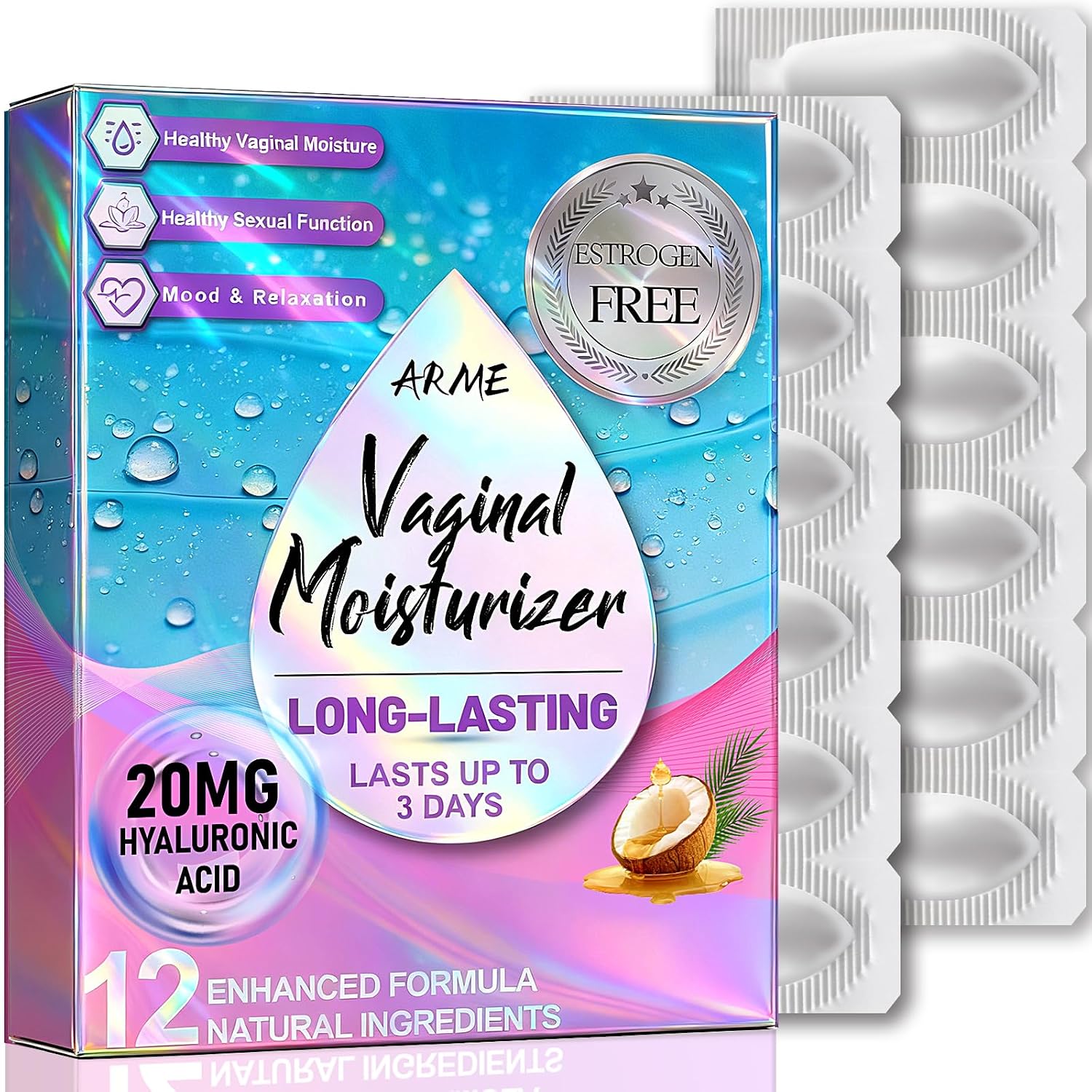 Arme 20MG Hyaluronic Acid Vaginal Moisturizers Suppositories 12 Inserts