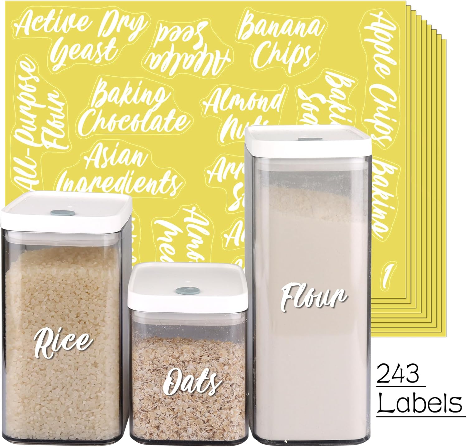 SWOMMOLY 243 White Cursive Pantry Labels for Food Containers, Water Resistant Pantry Kitchen Labels Stickers, Organization Labels for Storage Containers, Jars, Canisters