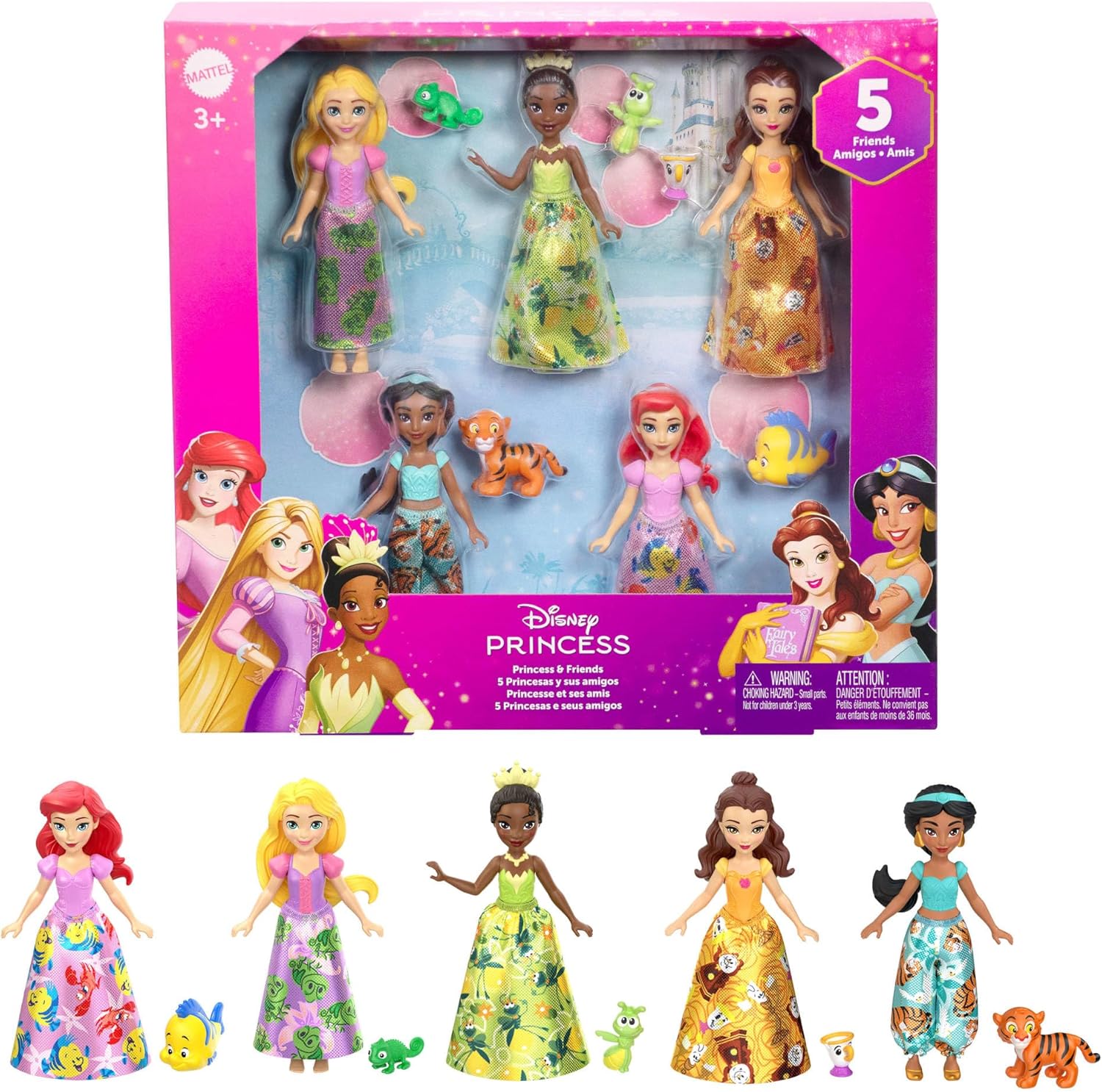 Mattel Disney Princess & Friends Set with 5 Posable Small Dolls in Removable Skirts or Pants & 5 Friend Figures, Inspired by the Disney Movies, JBL33