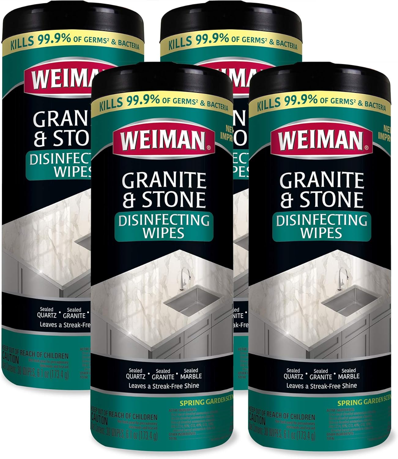 Weiman Granite Disinfectant Wipes - 30 Wipes - 4 Pack - Disinfect Clean and Shine Sealed Granite Marble Quartz Slate Limestone Soapstone Tile Countertops - Packaging May Vary
