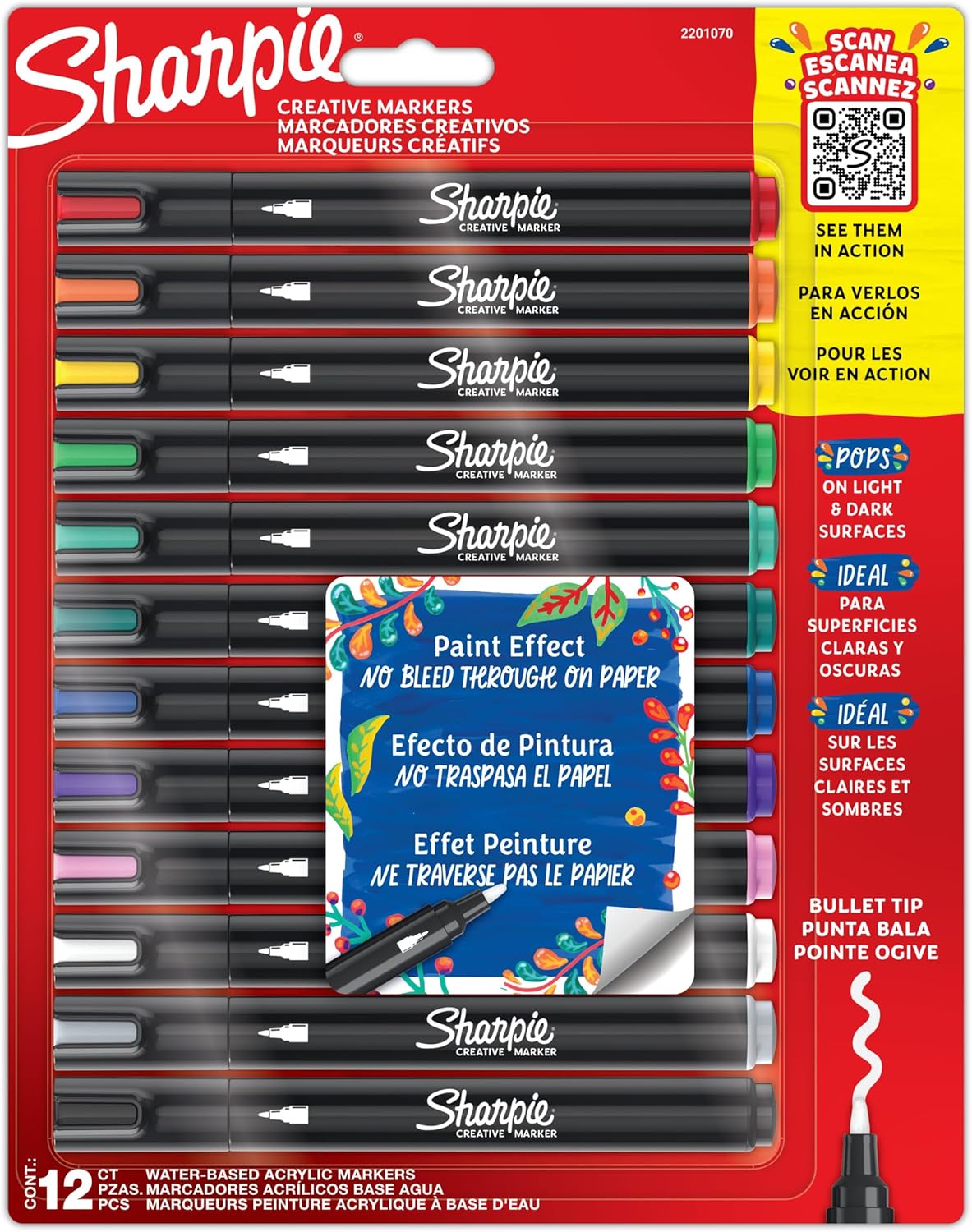 Sharpie Creative Marker Acrylic Paint Pens | Water-Based Paint Markers | No-Bleed Ink Writes on Most Surfaces | Bullet Tip | School & Revision Supplies | Assorted Colours | 12 Count