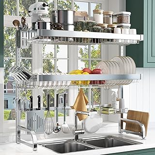 BOOSINY Over The Sink Dish Drainer Drying Rack,Adjustable (25.5"-35.5") 3 Tier Large Dish Racks for Kitchen Storage Counter Organizer,Full 304 Stainless Steel Shelf with, Silver