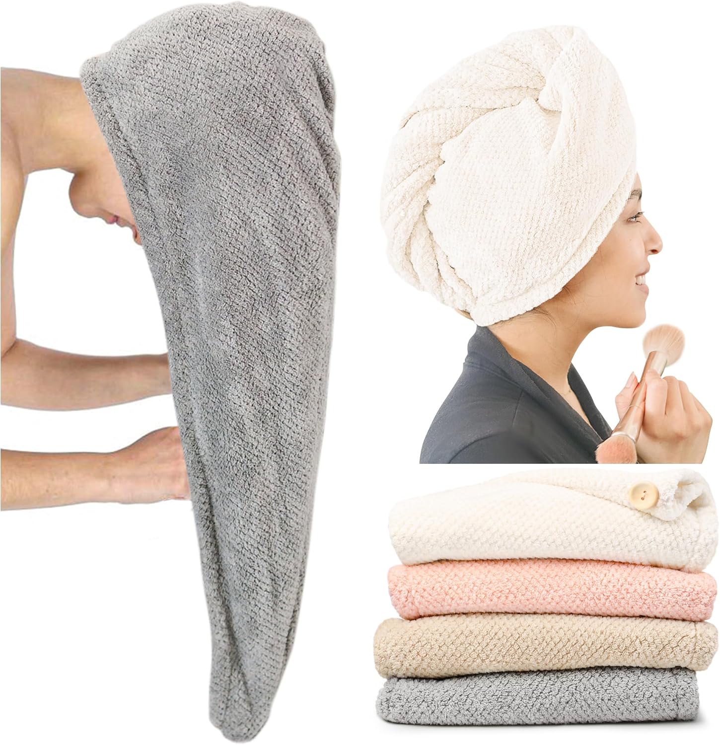 Extra Large 4 Pack Microfiber Hair Towel Wrap for Women Super Absorbent & Quick Dry Hair Drying Towels with Button, Hair Turbans for Curly Hair Long & Short Hair - Anti-Frizz