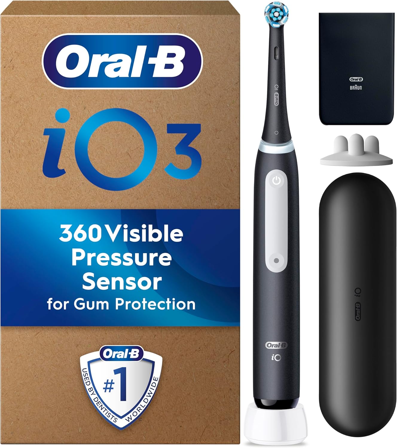 Oral-B iO 3 Matt Black Ultimate Clean Electric Toothbrush, 1 Refill Holder, 1 Charger Pouch, 1 Travel Case, Designed by Braun, Packaging May Vary