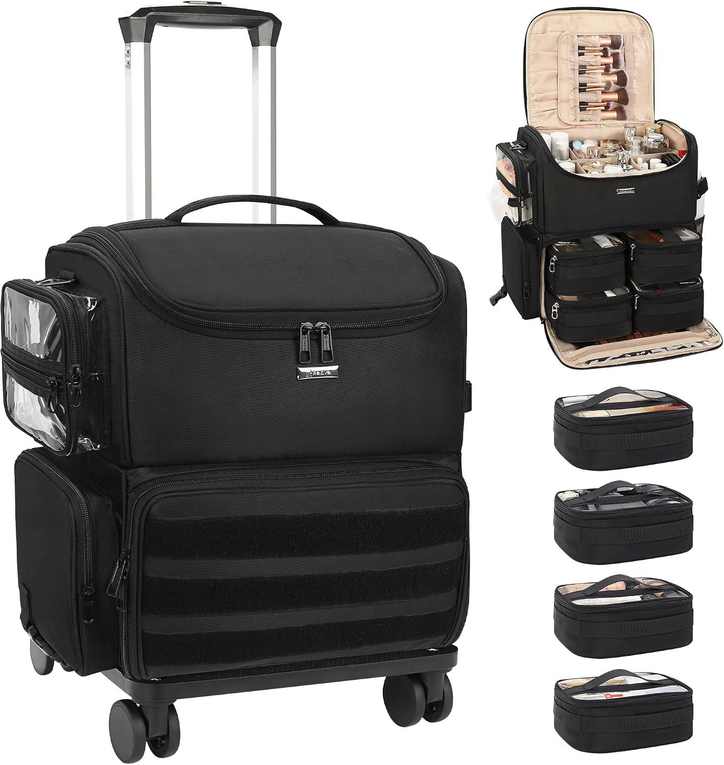 Relavel Rolling Makeup Train Case, Cosmetology Case on Wheels with 4 Clear Bags, Professional Makeup Artist Set Bags Cosmetic Storage Organizer with Adjustable Dividers, 360° Spinner Wheels, Black