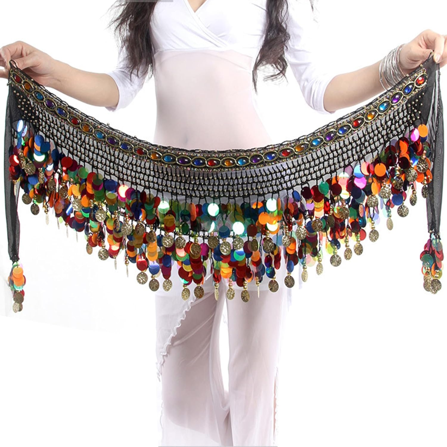 Wuchieal Women's Belly Dance Hip Scarf, Sweet Belly Dance Skirt Wrap Performance Bling Sequins Coins, Belly Dance Costume