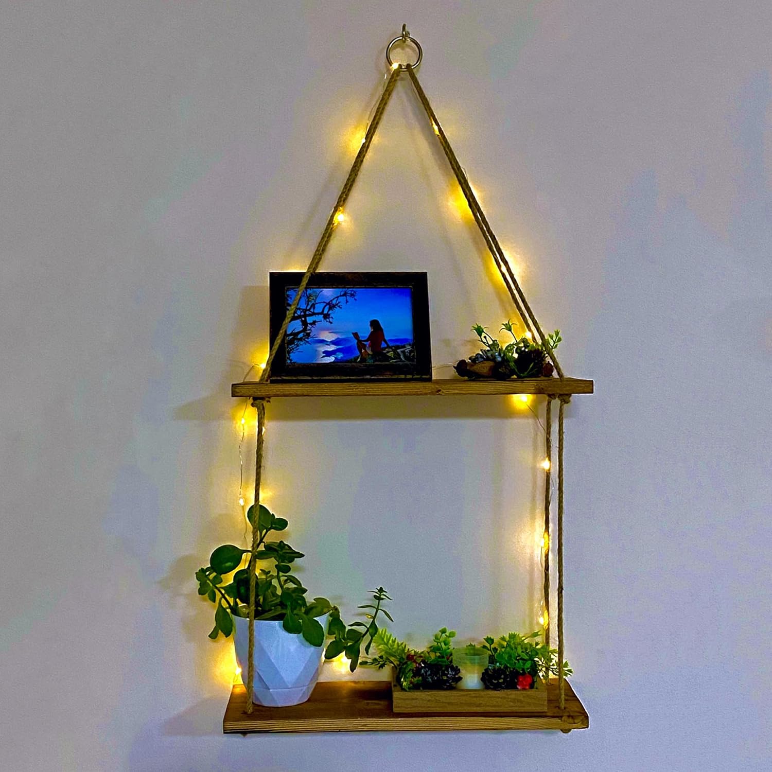 DECOLIFE Hanging Shelves for Wall, 2 Tier Wooden Floating Shelves, Rustic Ladder Shelf