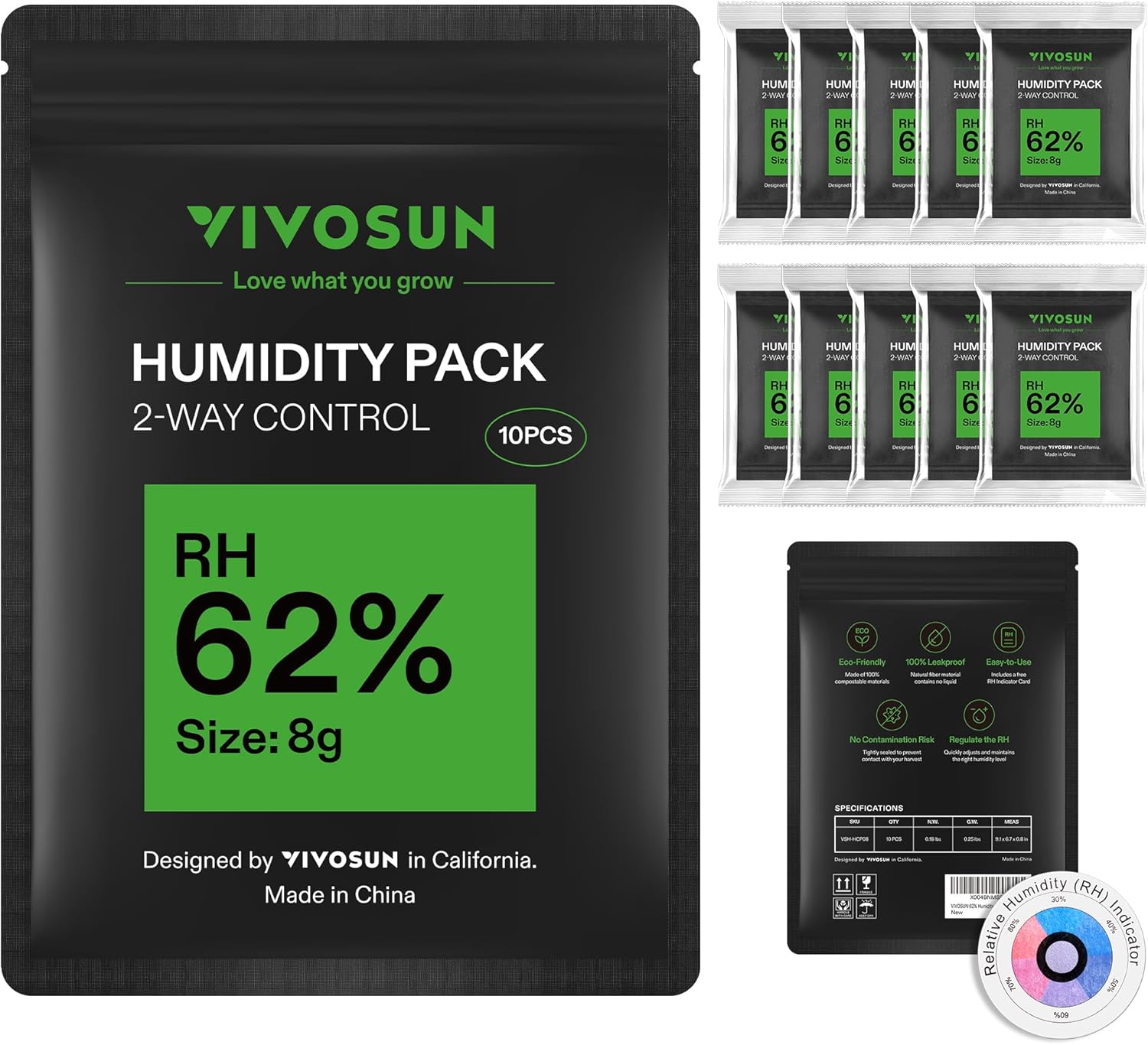 VIVOSUN 62% RH Two-Way Humidity Control Packs, Size 8 g, 10 Packs, Each for Storing 1 oz, Moisture Balancer with RH Indicator Card for Food Storage