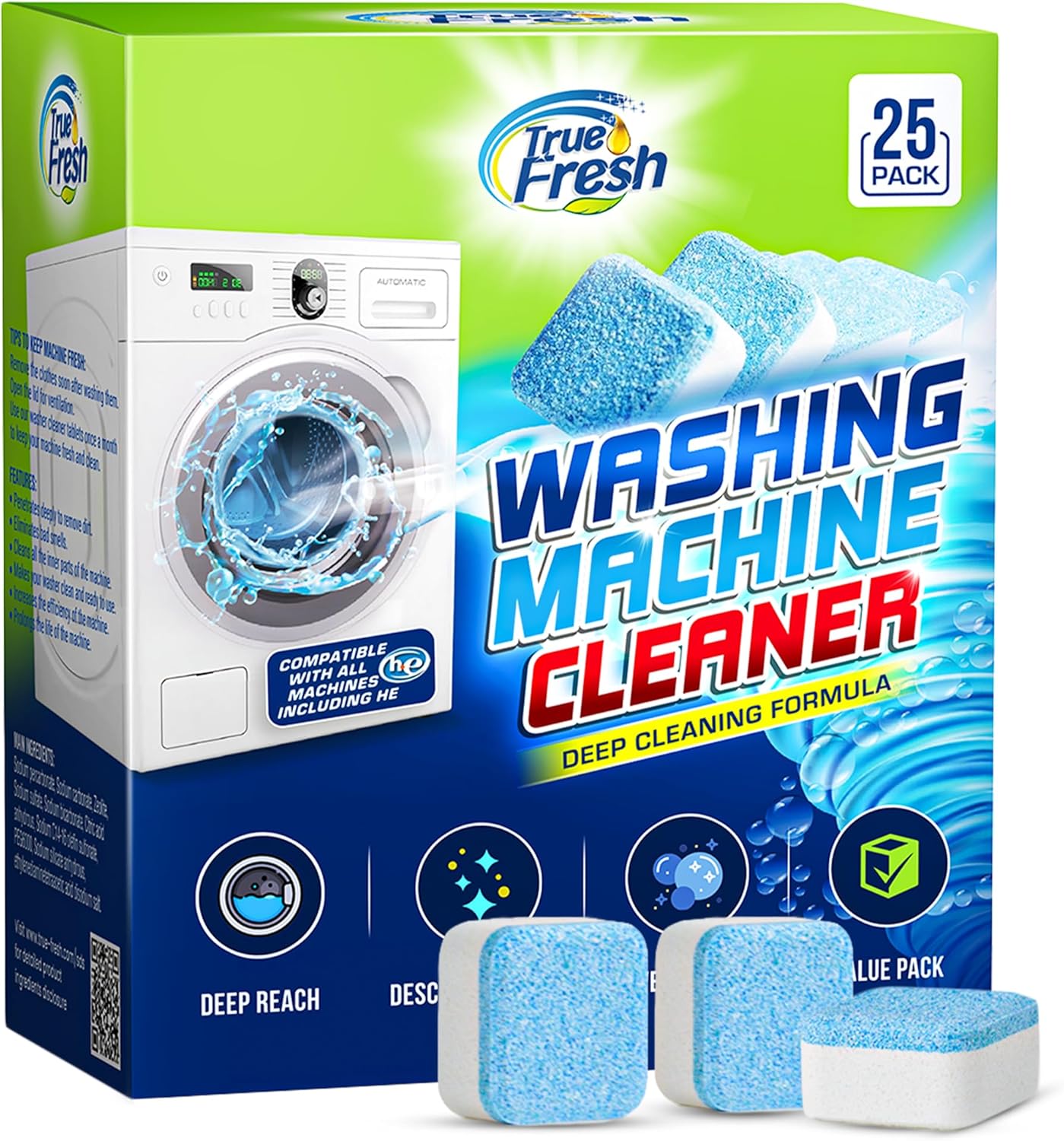 True Fresh Washing Machine Cleaner Tablets 25 Pack for Front Load Top Load