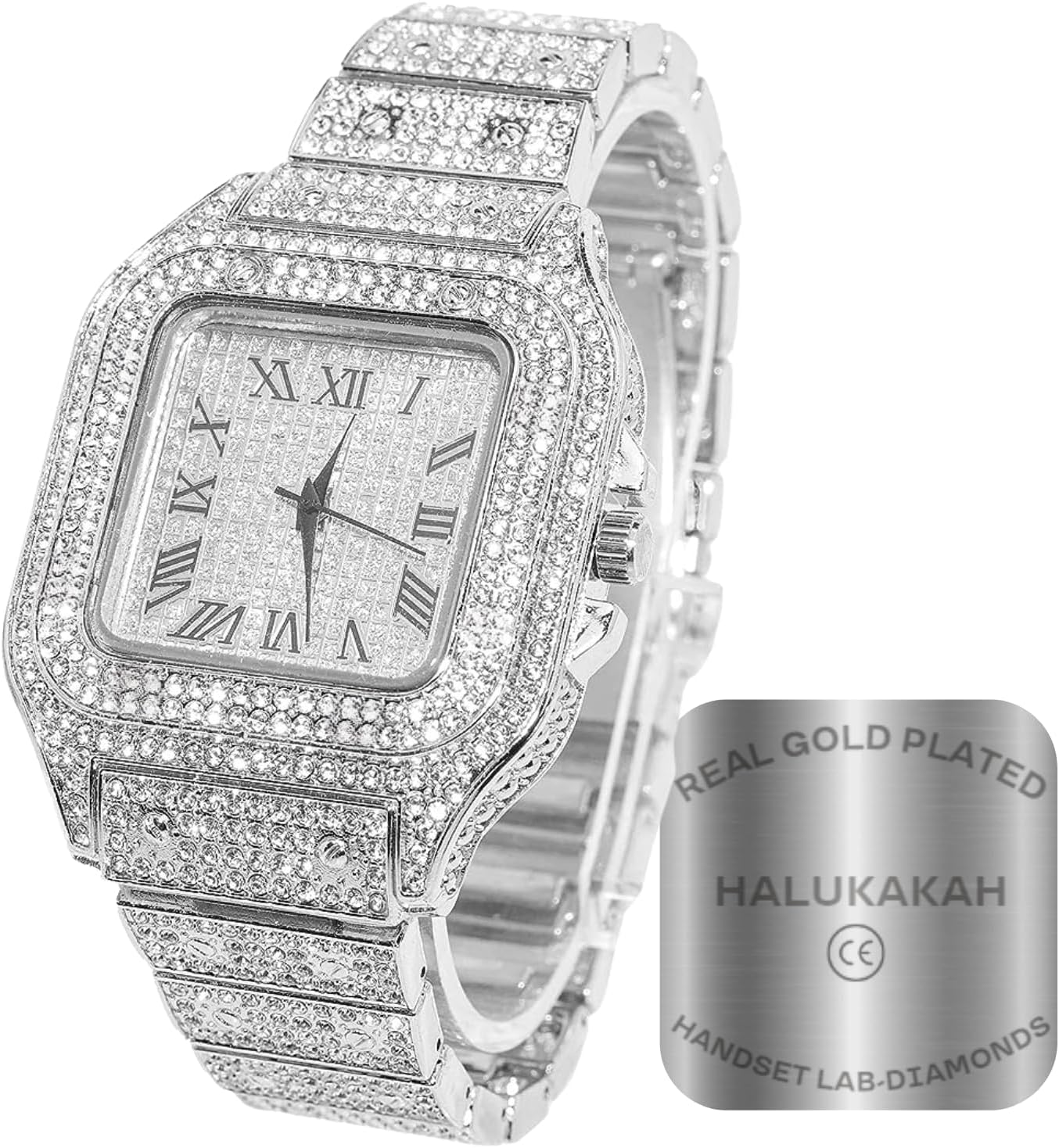 Halukakah Men’s Watch - The King - 18K Gold/Platinum Plated, 40MM Square Dial, Iced Out Wristband, with Cuban Link Chain Necklace and Bracelet Set Optional, Comes in Giftbox