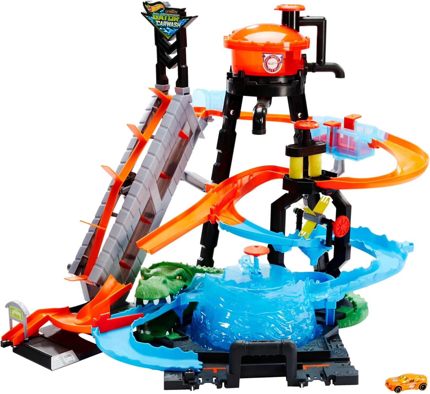 Hot Wheels Ultimate Gator Car Wash Age 5+ ,manual crank elevator, crazy track, water tower, whirlpool dunk tank, and 1 Colour Shifters car, FTB67