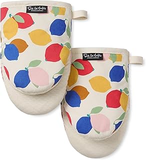 SUR LA TABLE Kitchen Essentials Lemon Zest Citrus Fruit Mini Oven Mitt 2-Pack Set, Heat Resistant, 100% Cotton, Flexible Non-Slip Silicone Grip, Yellow/Blue/Ivory, 5.5"x8"