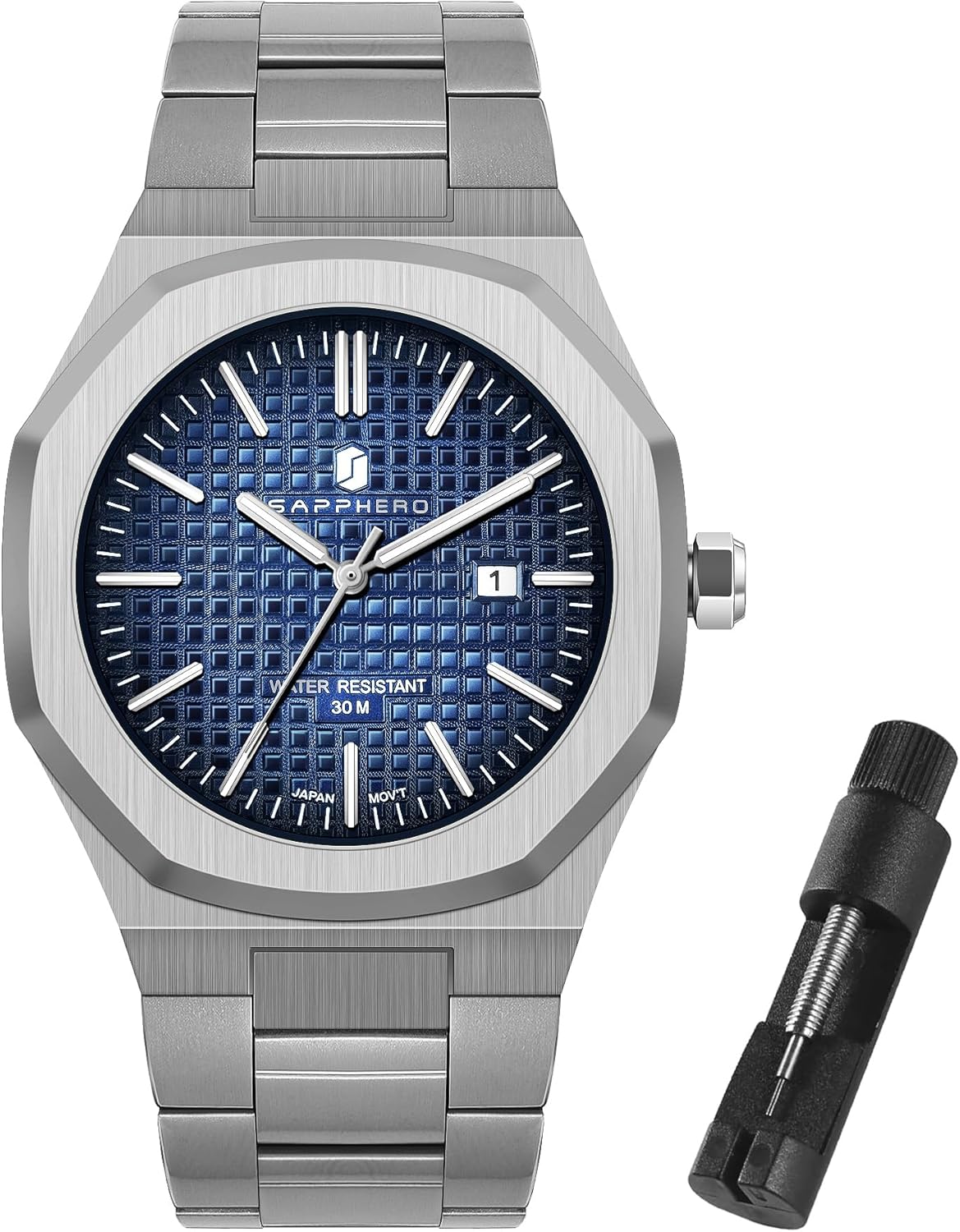 SAPPHERO Men's Watch Octagonal Stainless Steel 30M Waterproof Luminous Wristwatch Luxury Analog Quartz Watch for Men with Date Elegant Mens