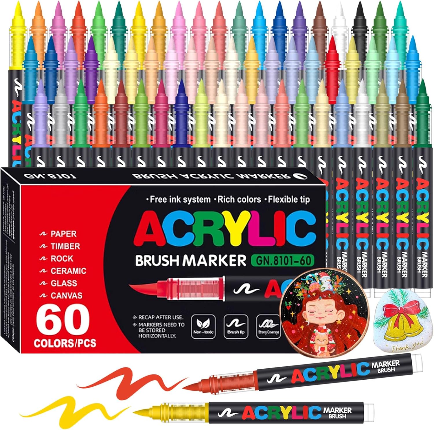 Acrylic Paint Markers, Soft Brush Tip Pens and Markers, Acrylic Paint Pens for Wood, Stone, Canvas, Glass, Fabric, Egg, Rock Painting and DIY Crafts Art Supplies (60)