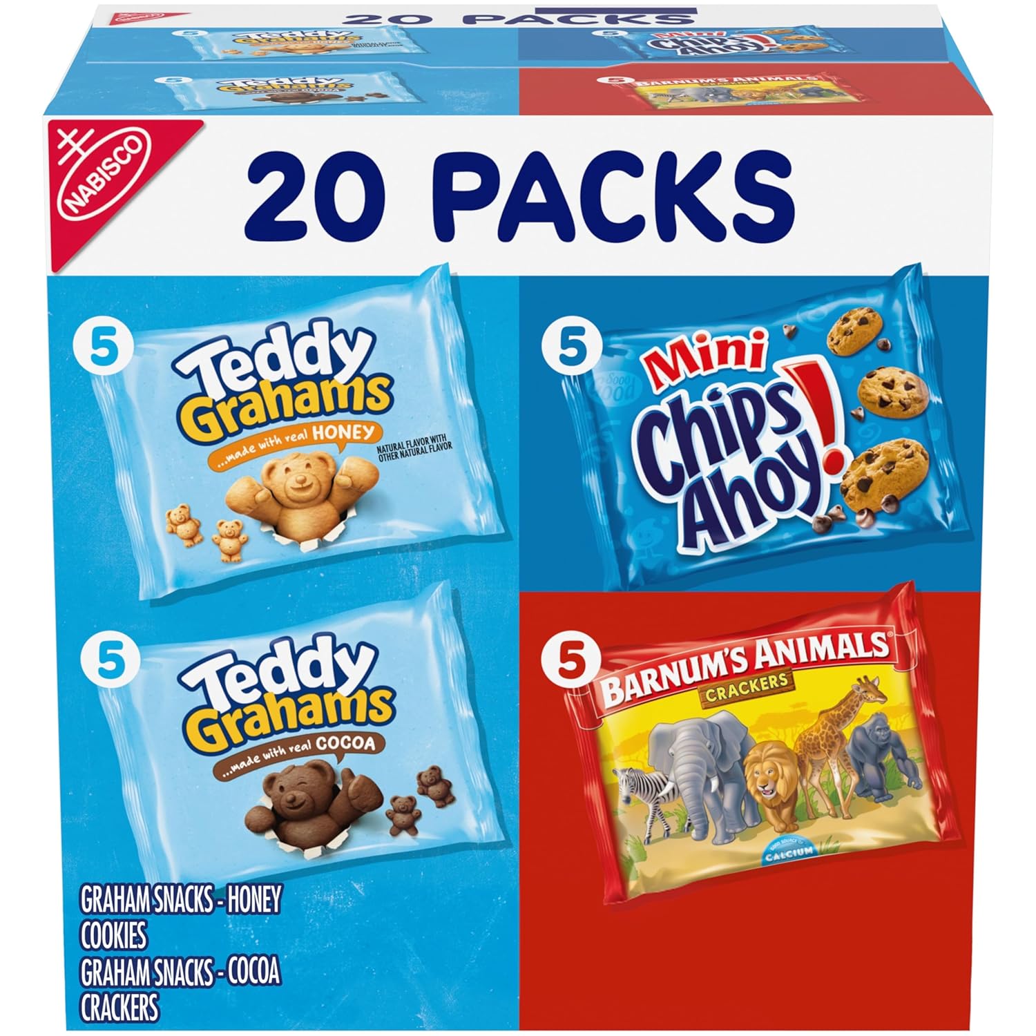 Nabisco Fun Shapes Variety Pack, Barnum's Animal Crackers, Teddy Grahams and CHIPS AHOY! Mini, Christmas Cookies Stocking Stuffers, 20 Snack Packs